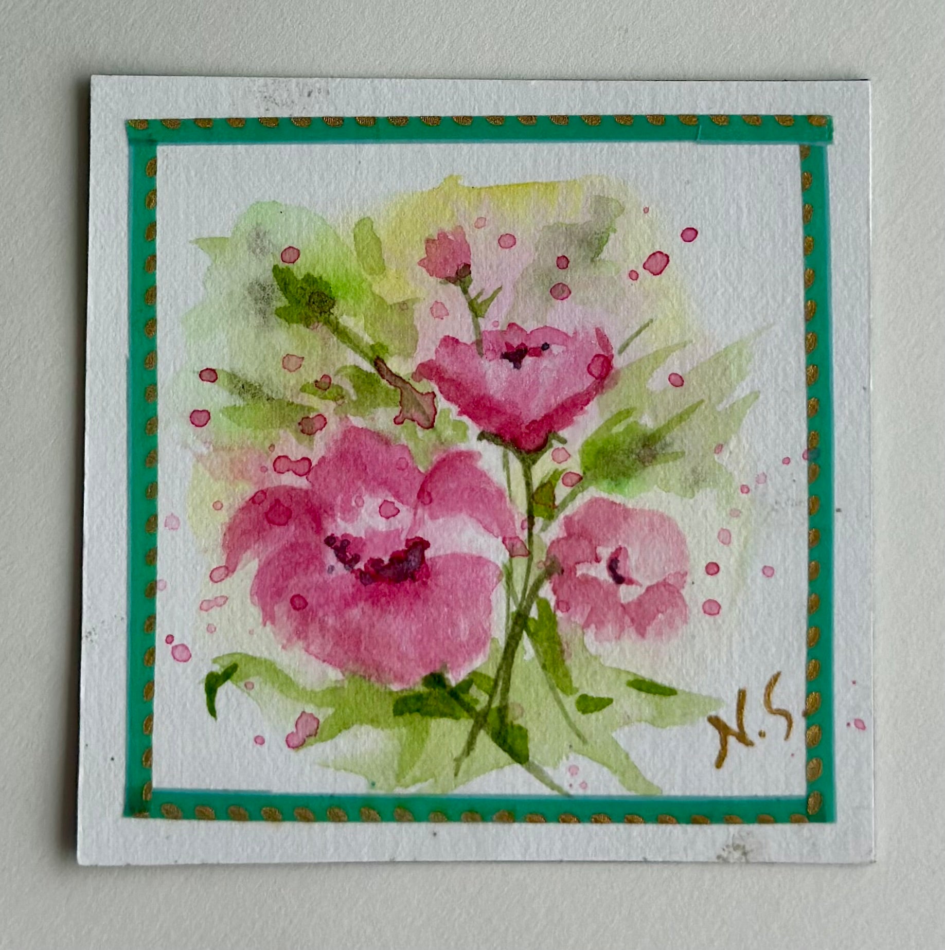 Mini Pintura Aquarela Original em Imã de Geladeira, 9x9cm kit com 4