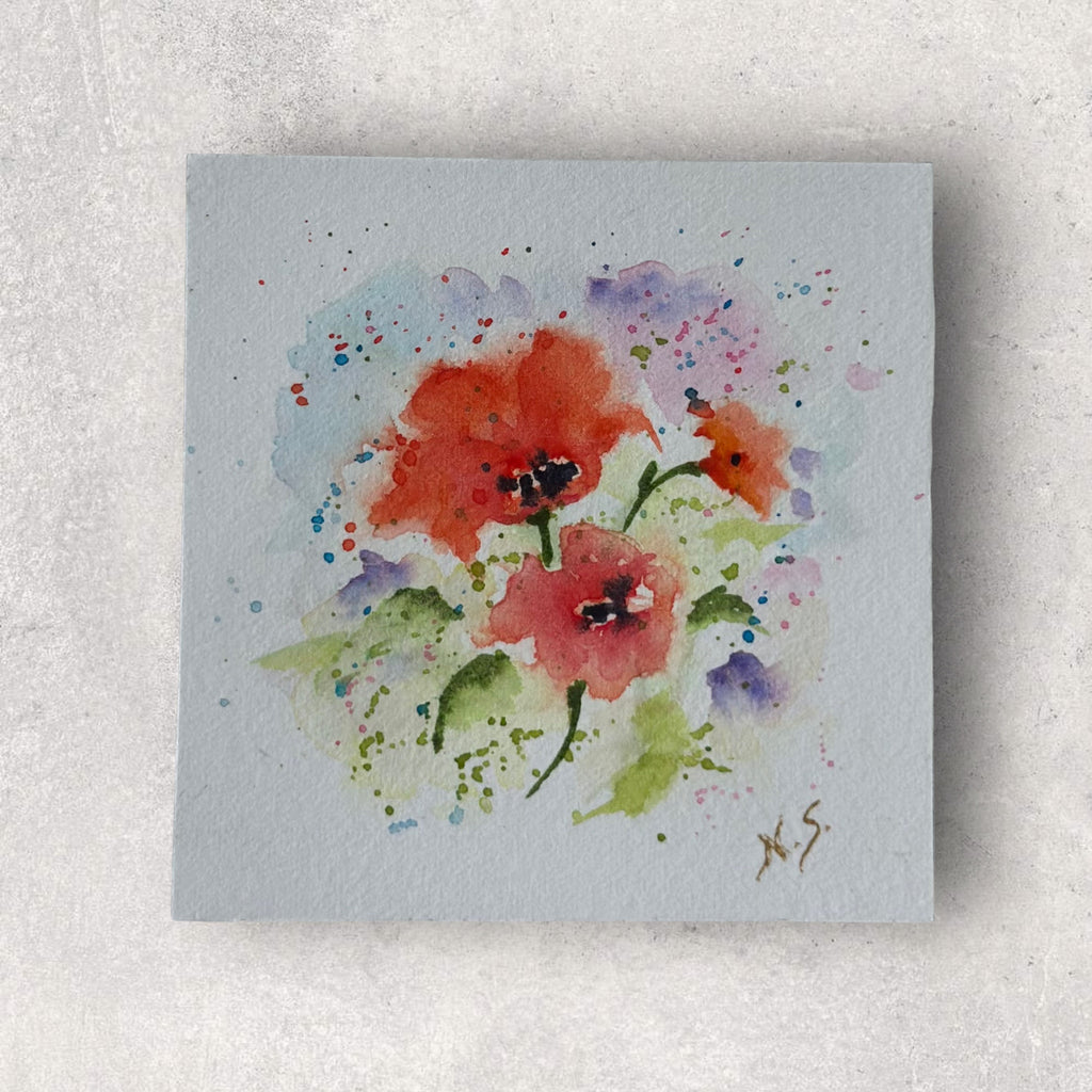 Mini Pintura Aquarela Original em Imã de Geladeira, 9x9cm kit com 4