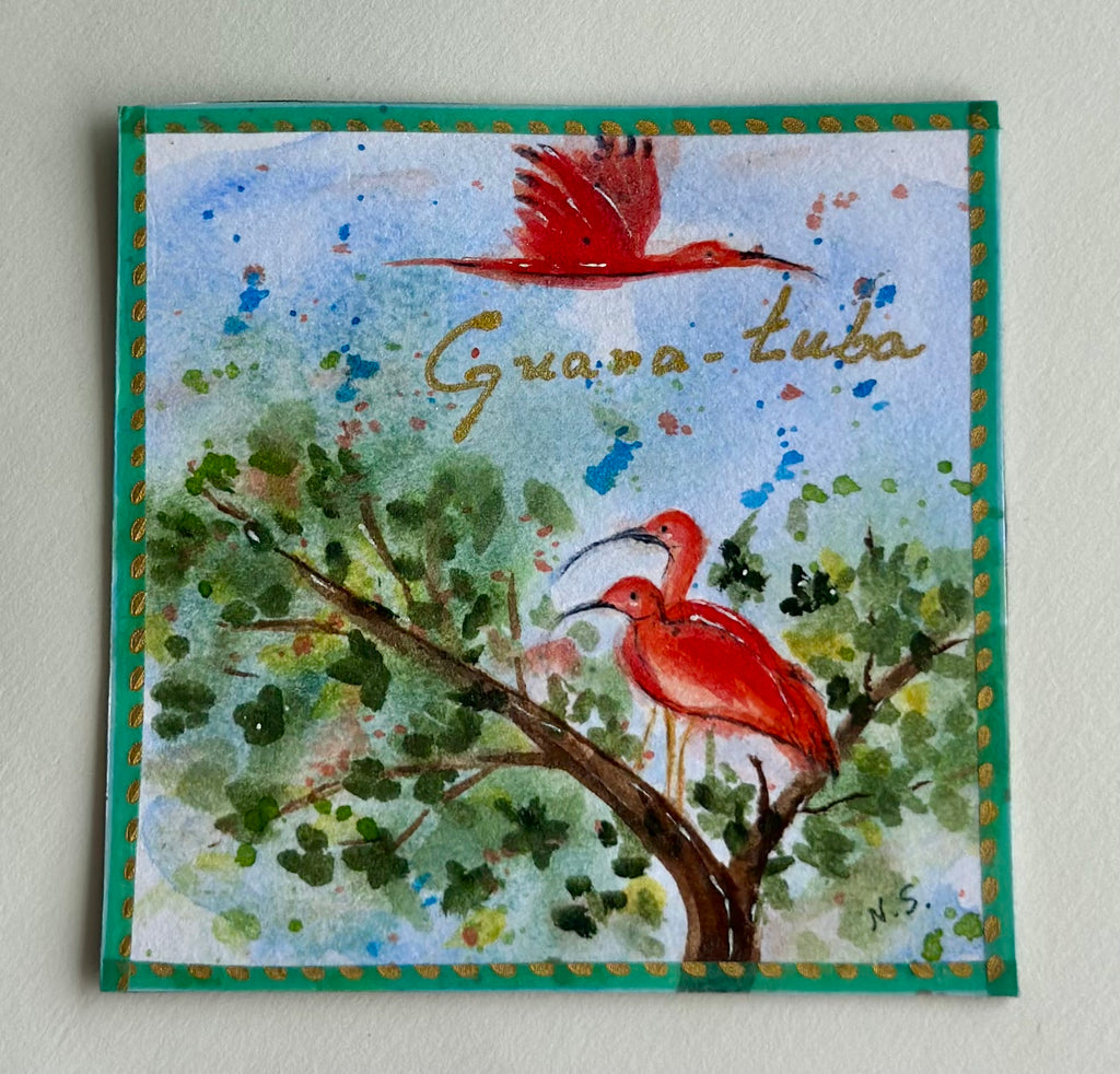 Mini Pintura Aquarela Original em Imã de Geladeira, 9x9cm kit com 4