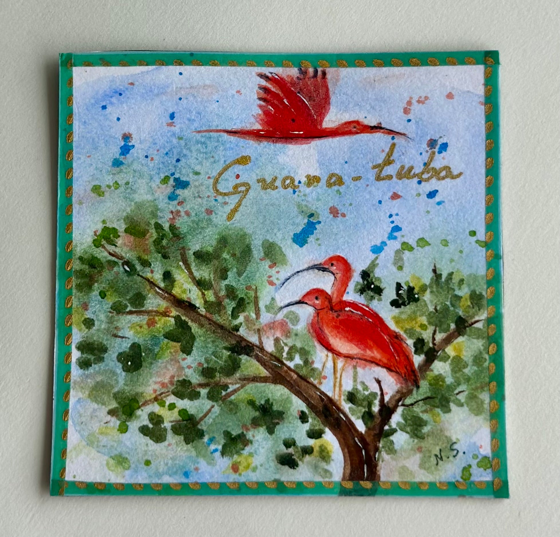 Mini Pintura Aquarela Original em Imã de Geladeira, 9x9cm kit com 4