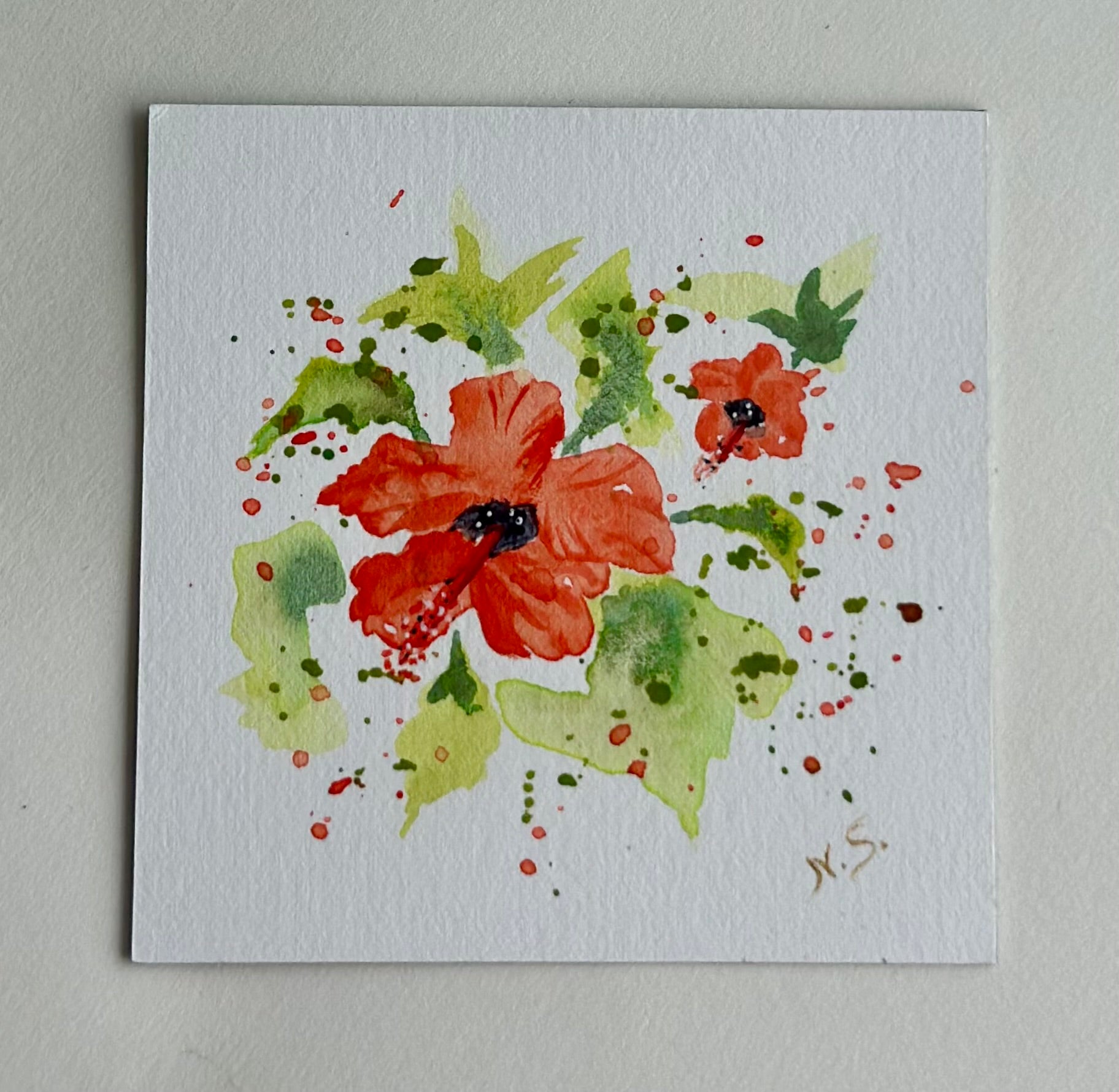 Mini Pintura Aquarela Original em Imã de Geladeira, 9x9cm kit com 4