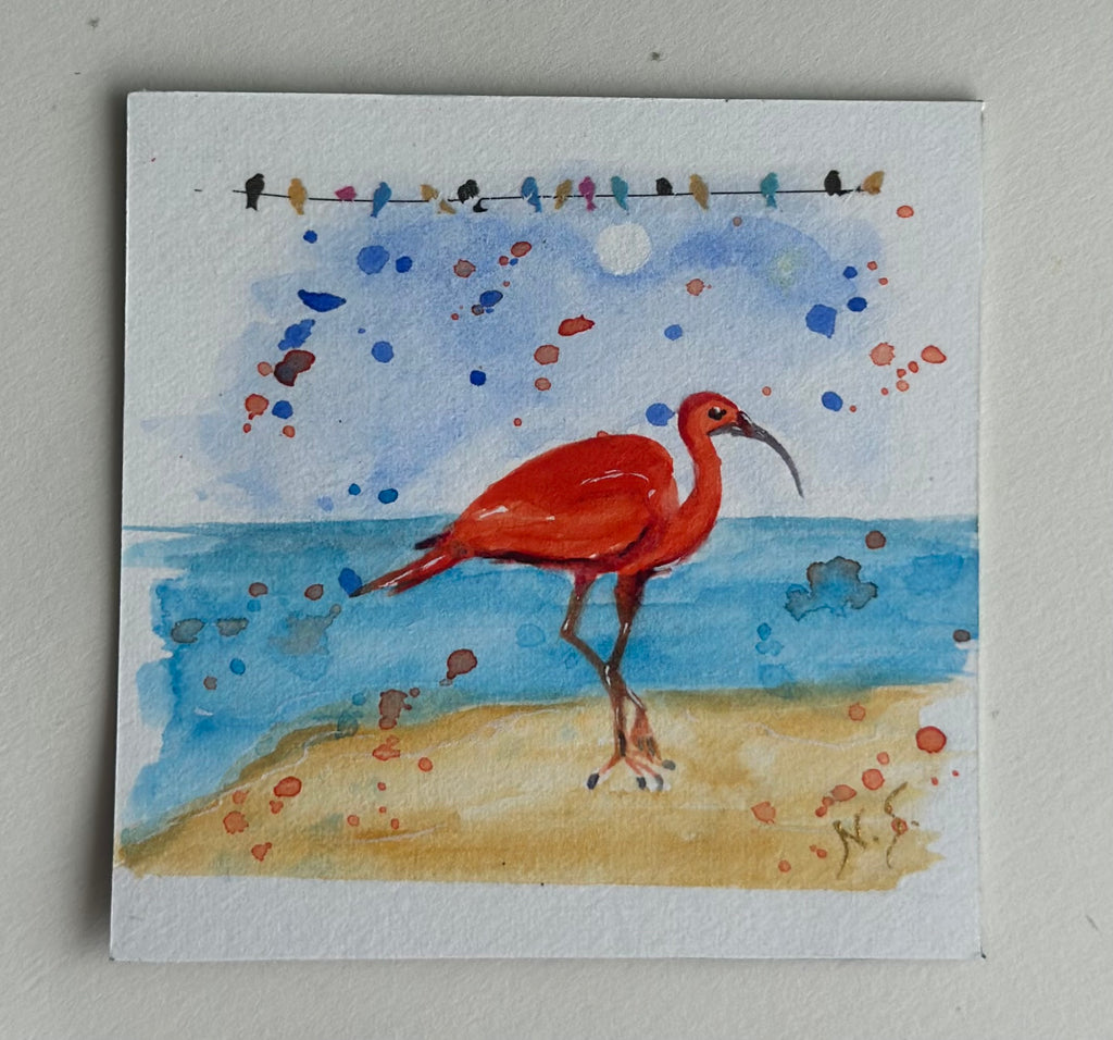Mini Pintura Aquarela Original em Imã de Geladeira, 9x9cm kit com 4