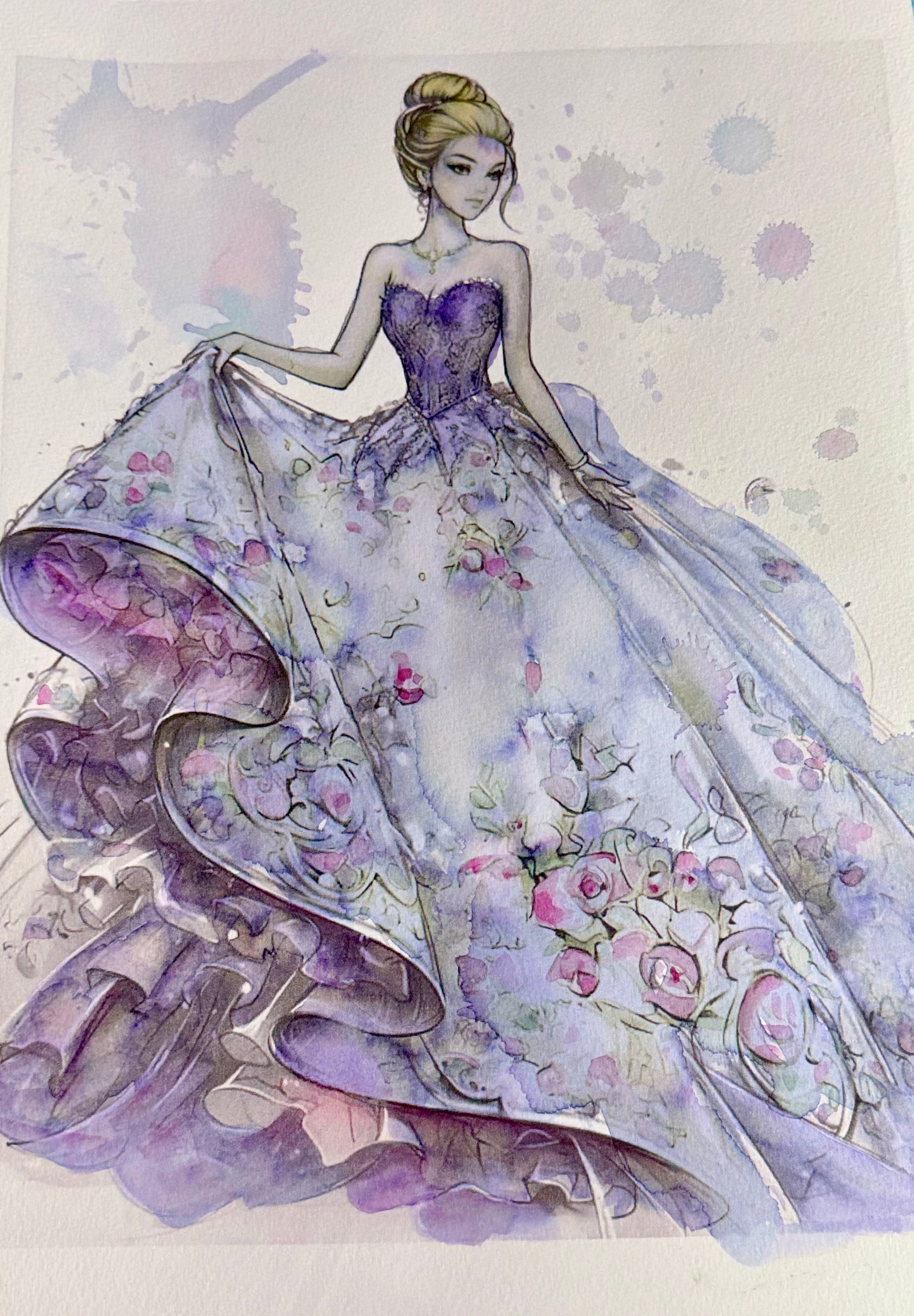 The Girl in the Flowery Dress — Moça com Vestido Florido | Aquarela Original sobre Papel de Algodão, 30x42cm, sem moldura