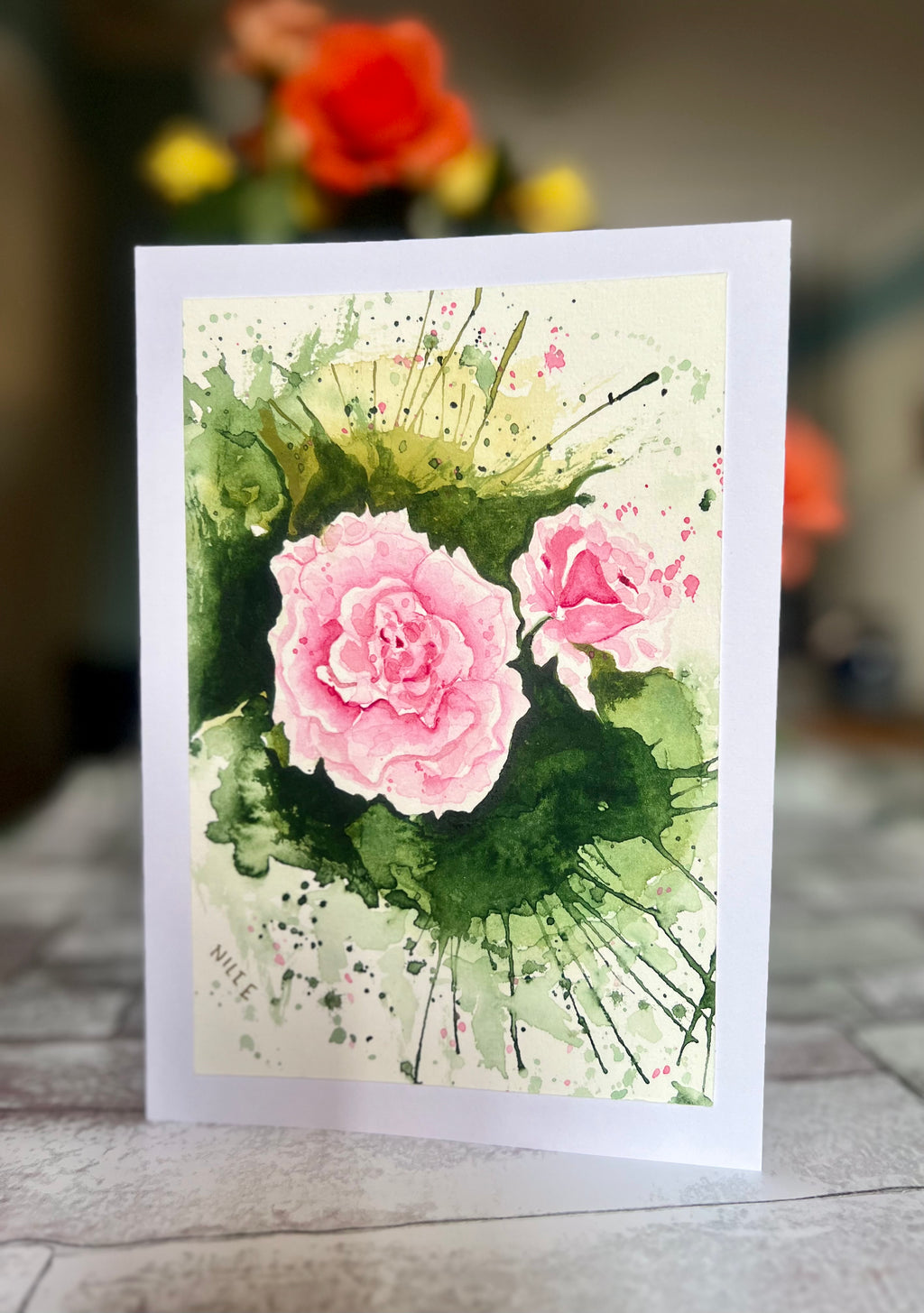Cartão Especial de Felicitação - 15x21cm - em Aquarela Loose Original, pintado à mão, com envelope, rosas pink,