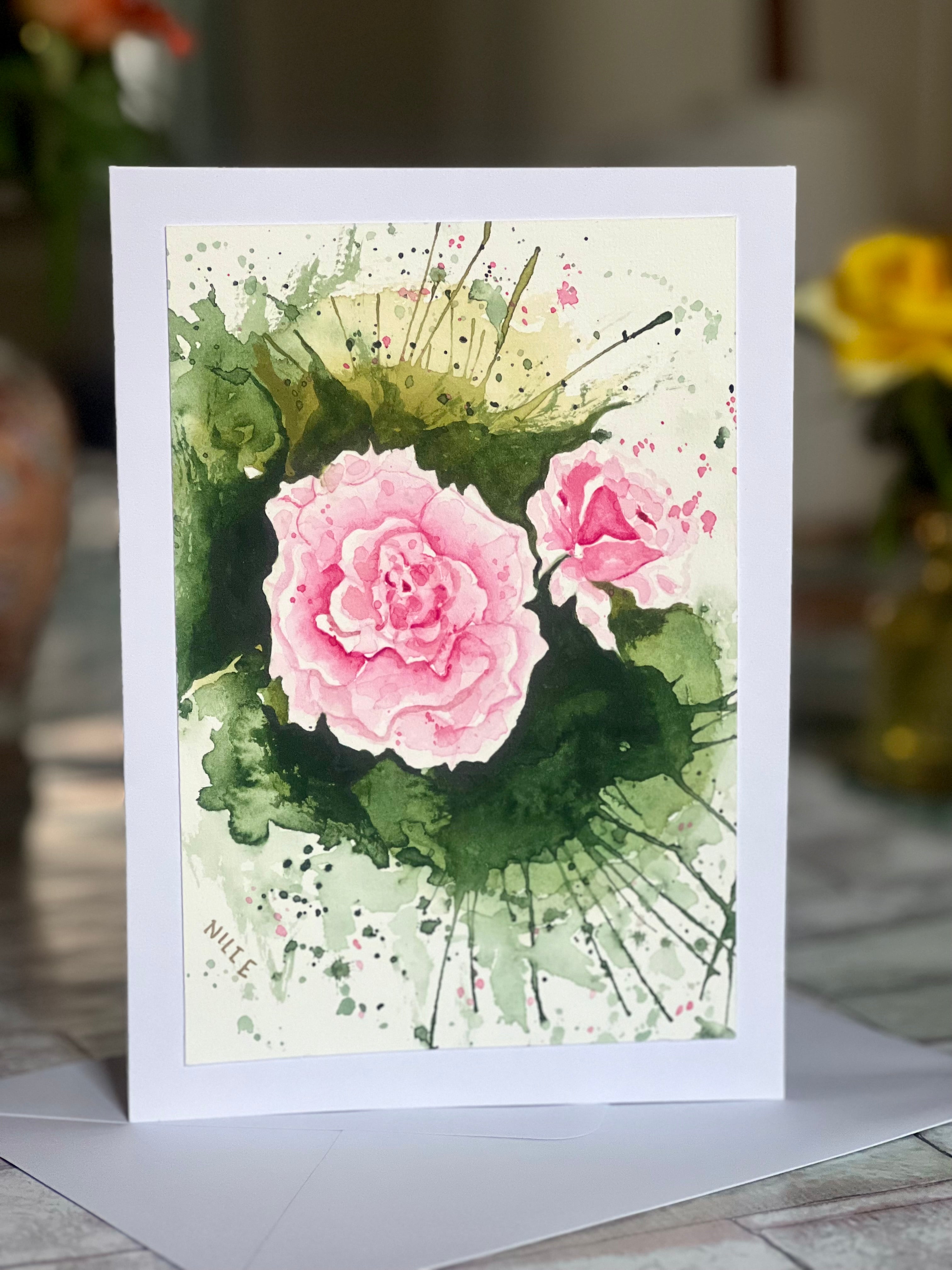 Cartão Especial de Felicitação - 15x21cm - em Aquarela Loose Original, pintado à mão, com envelope, rosas pink,
