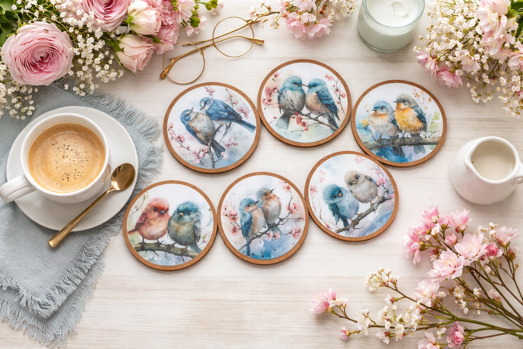 Porta Copos Passarinhos - Kit com 6 Unidades Artesanal em mdf com base em cortiça.