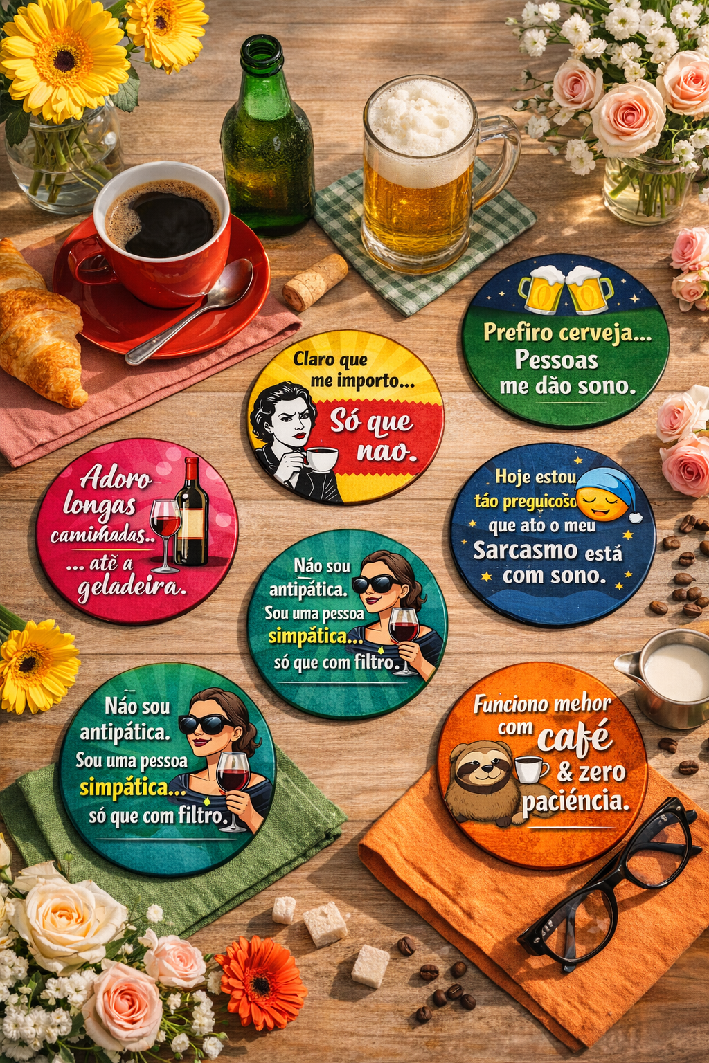 Porta Copos Divertidos - Kit com 6 Unidades Artesanal em mdf com base em cortiça