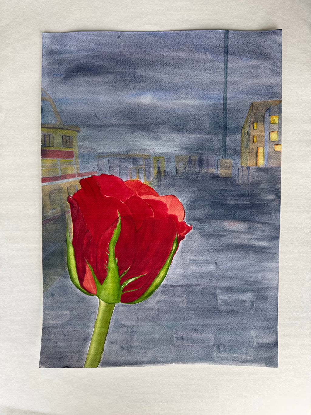 Rosa Vermelha à noite - Pintura Original em Aquarela profissional, 30x42cm, sem moldura