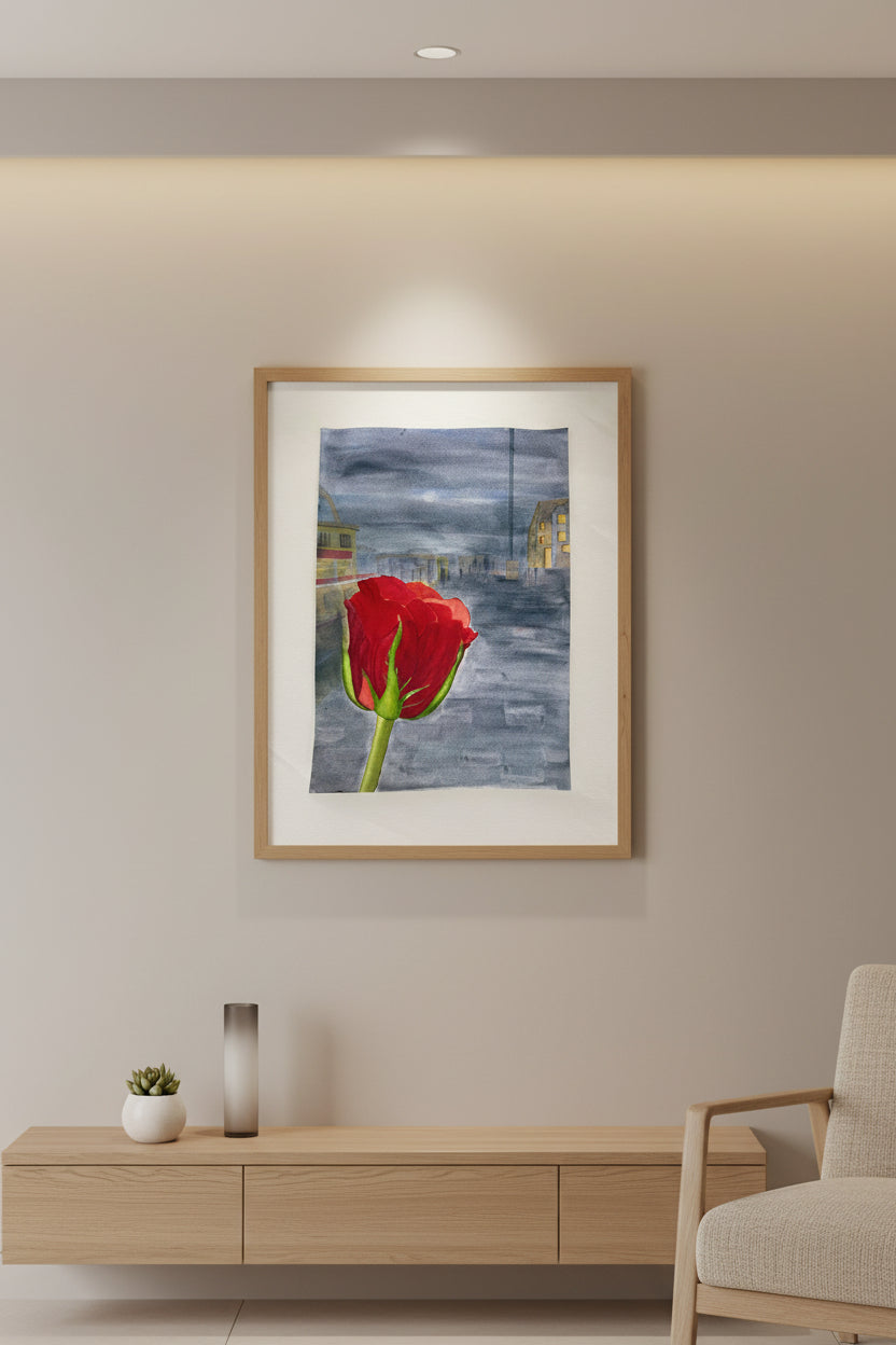 Rosa Vermelha à noite - Pintura Original em Aquarela profissional, 30x42cm, sem moldura