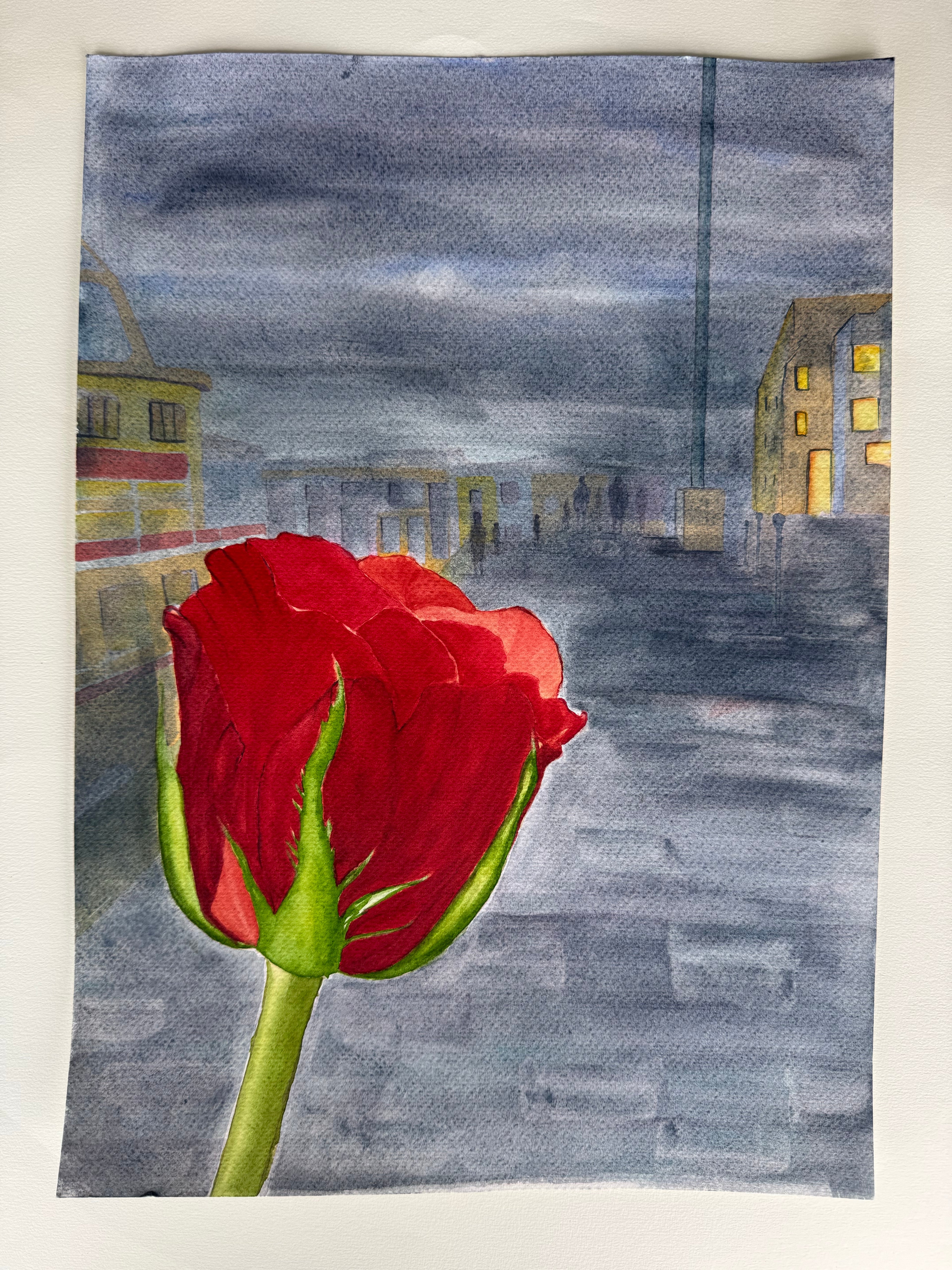 Rosa Vermelha à noite - Pintura Original em Aquarela profissional, 30x42cm, sem moldura