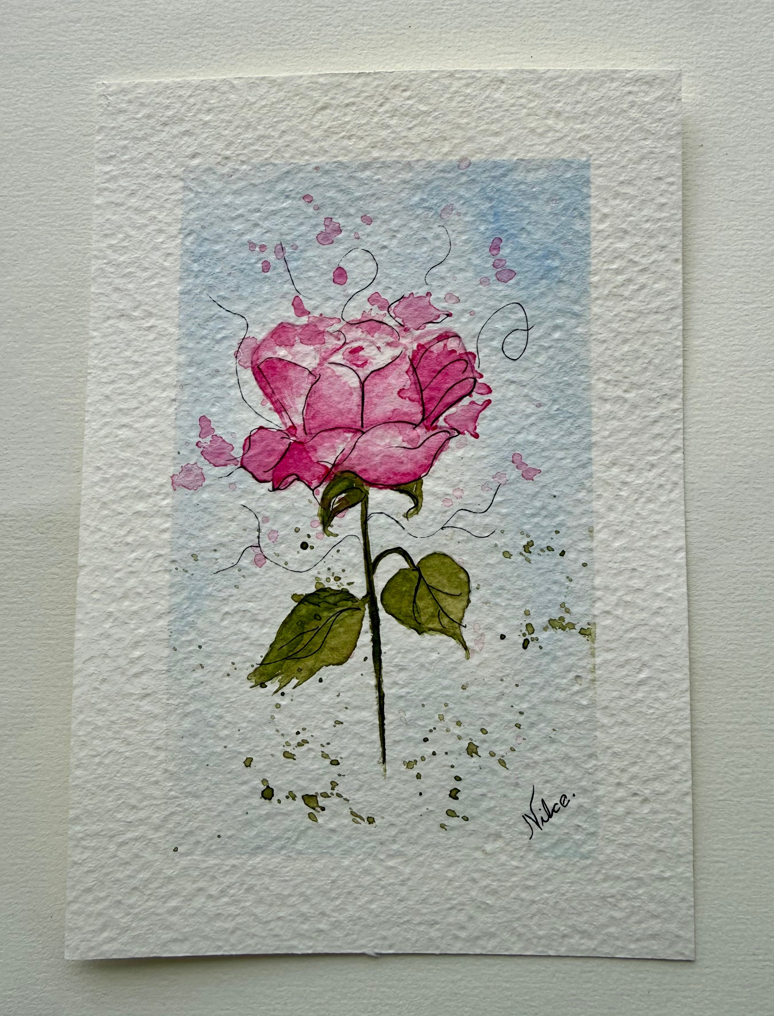 Pink Rose -  Mini Pintura em aquarela Original sobre Papel 100% algodão - 13x18cm - sem moldura