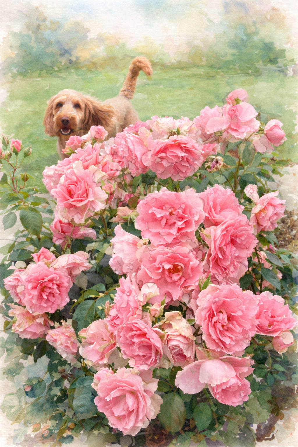 Quadro Cãozinho no Jardim de Rosas - Print de foto em papel fotográfico 30x42cm, sem moldura