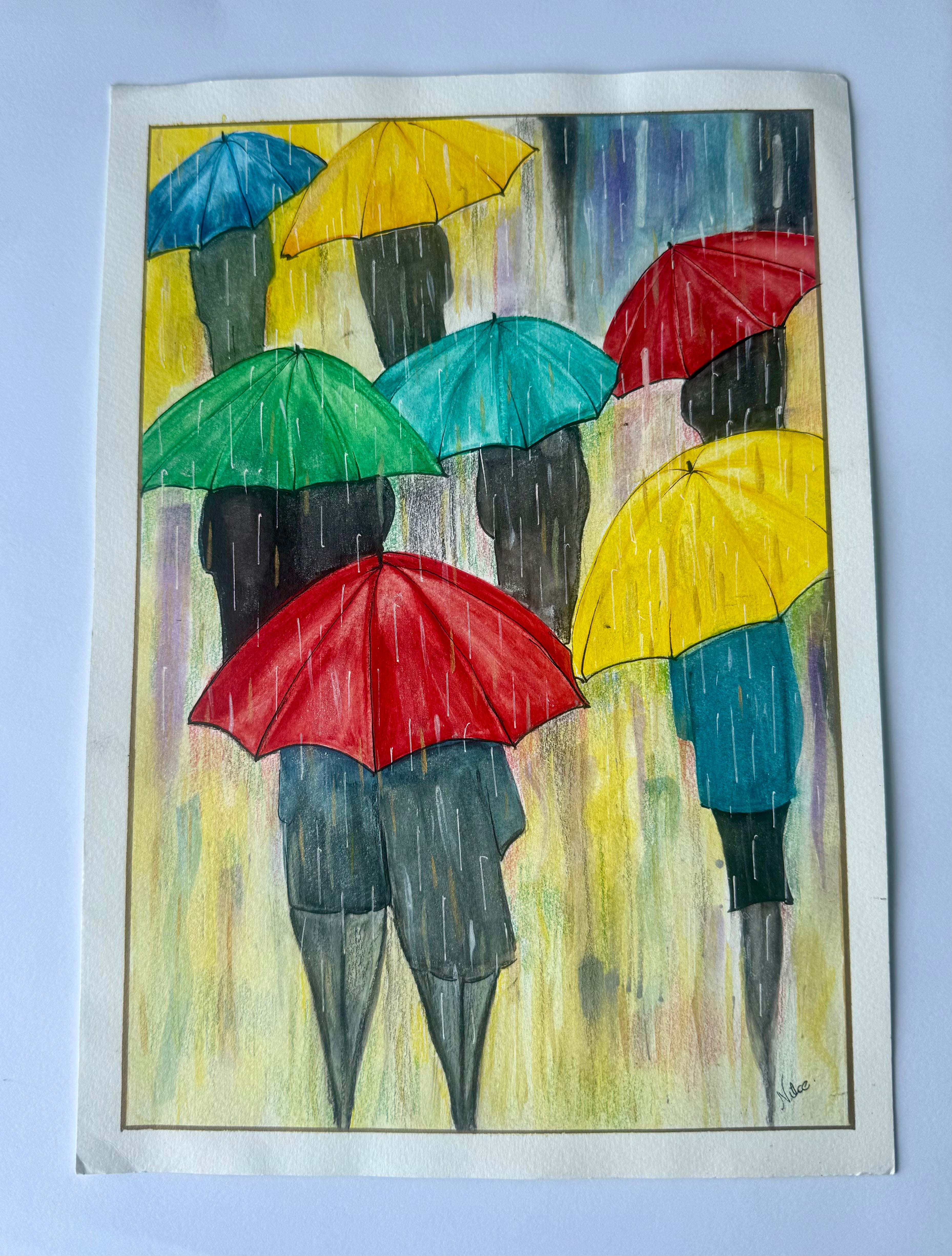Sombrinhas Coloridas - Pintura em Aquarela Original e papel de algodão, 21x30cm, sem moldura.