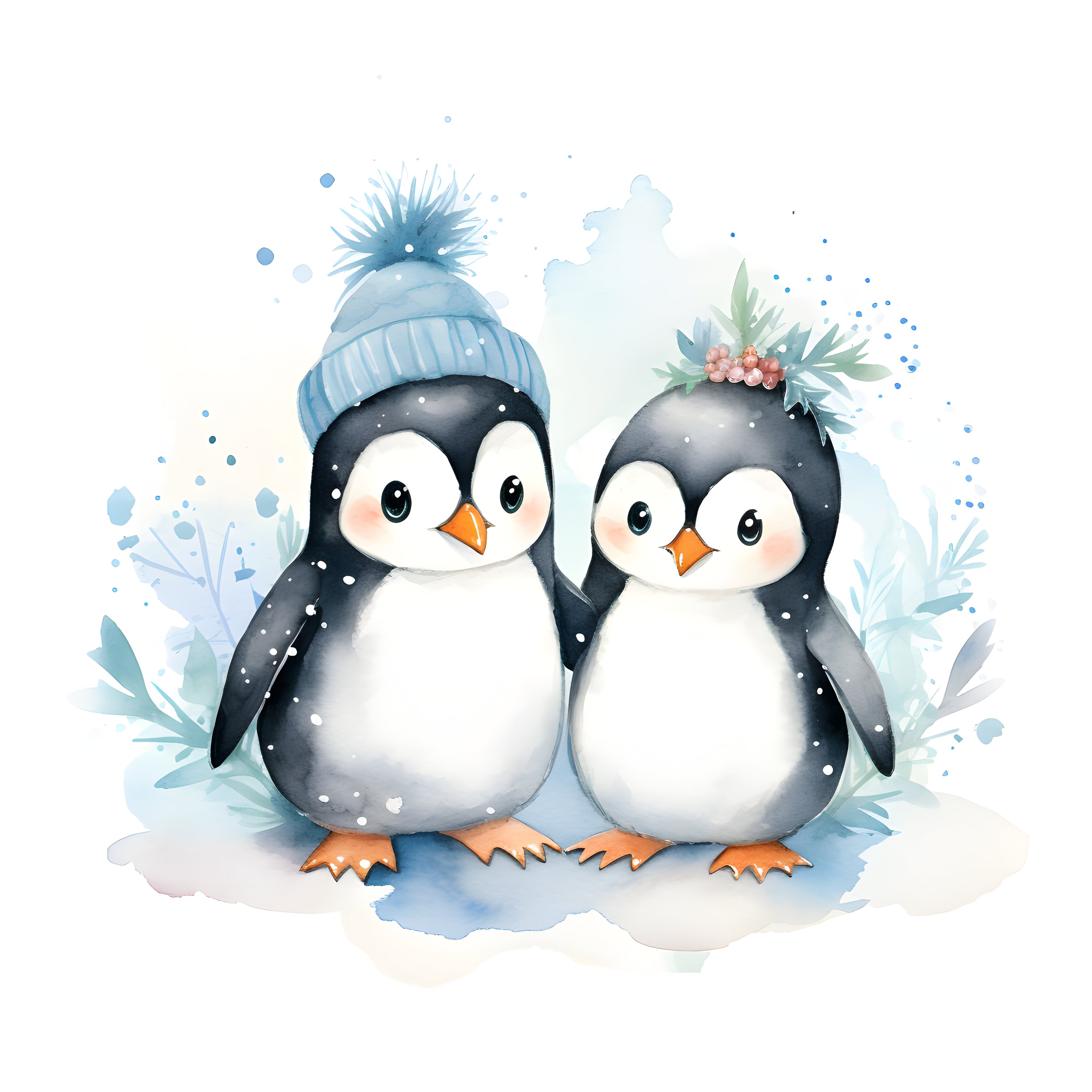 Print Casal de Pinguins em Aquarela, 20x20cm, sem moldura