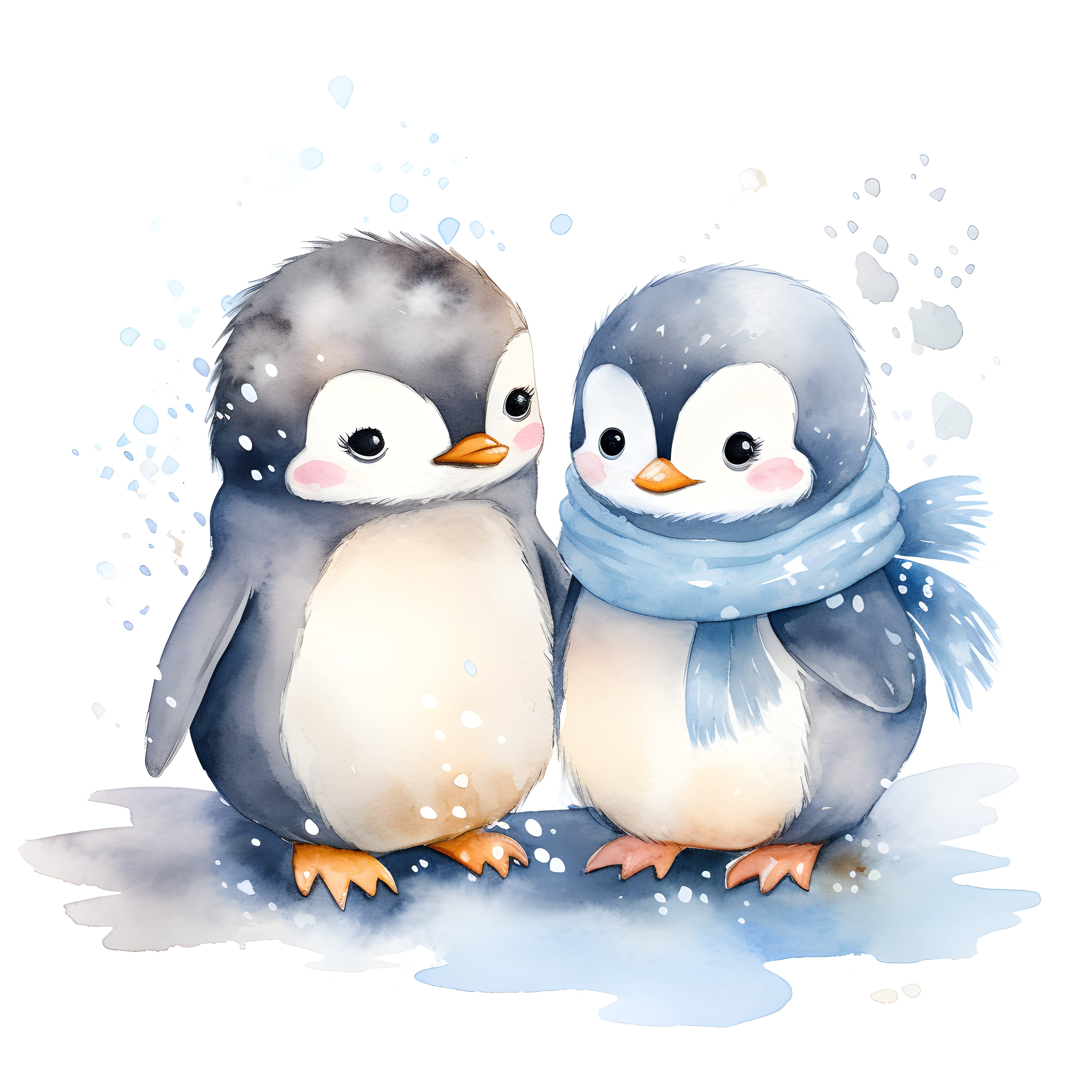 Print Casal de Pinguins em Aquarela, 20x20cm, sem moldura