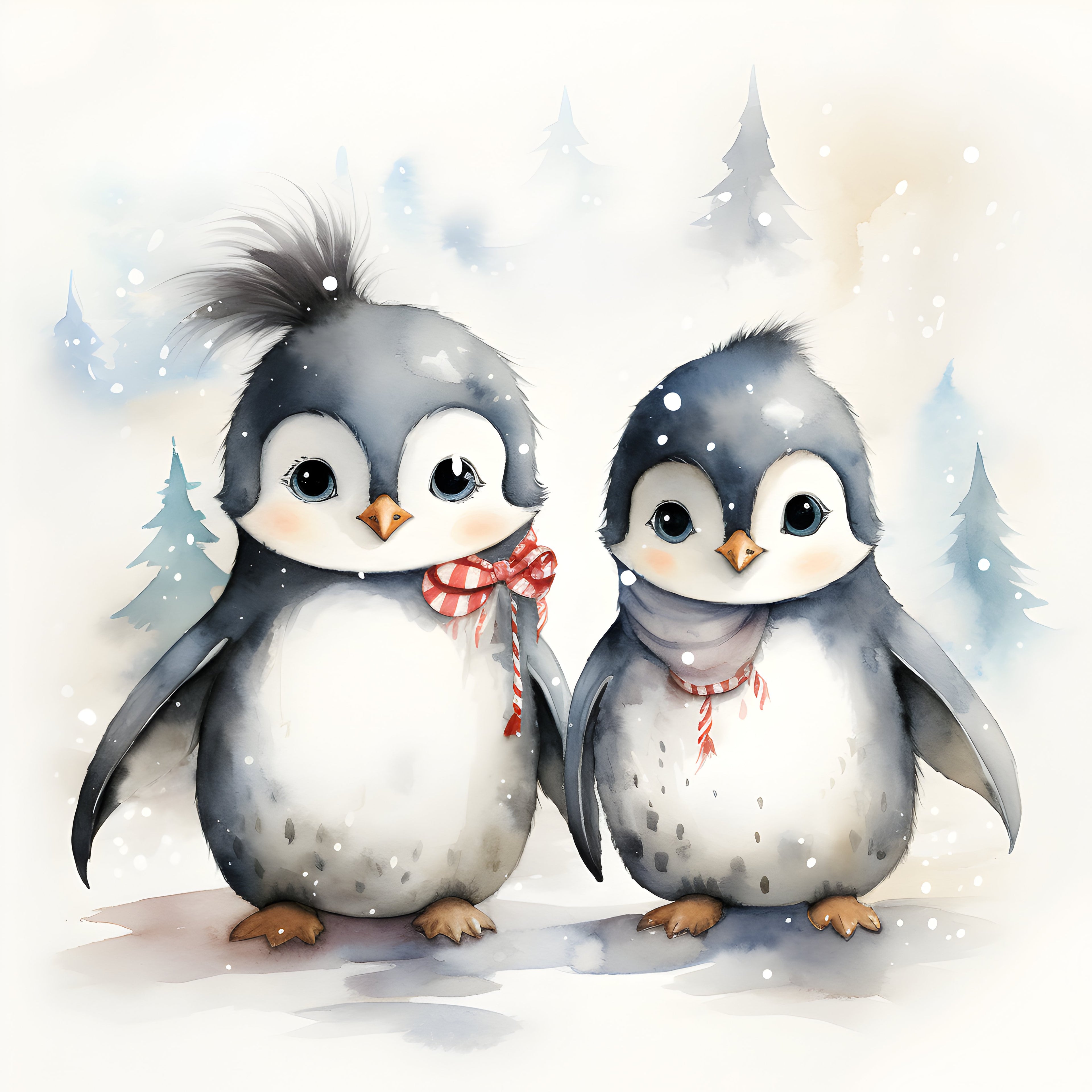 Print Casal de Pinguins em Aquarela, 20x20cm, sem moldura