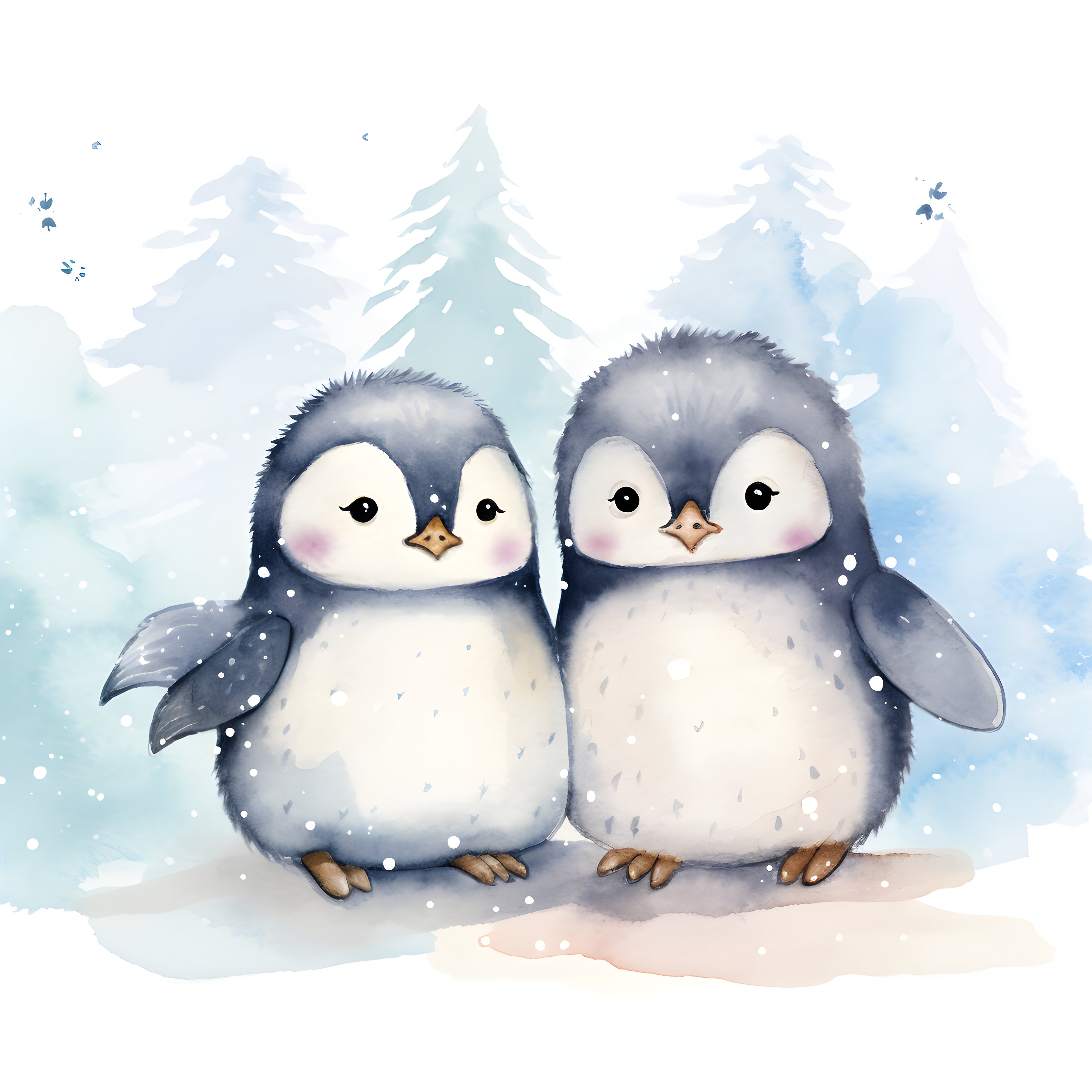 Print Casal de Pinguins em Aquarela, 20x20cm, sem moldura