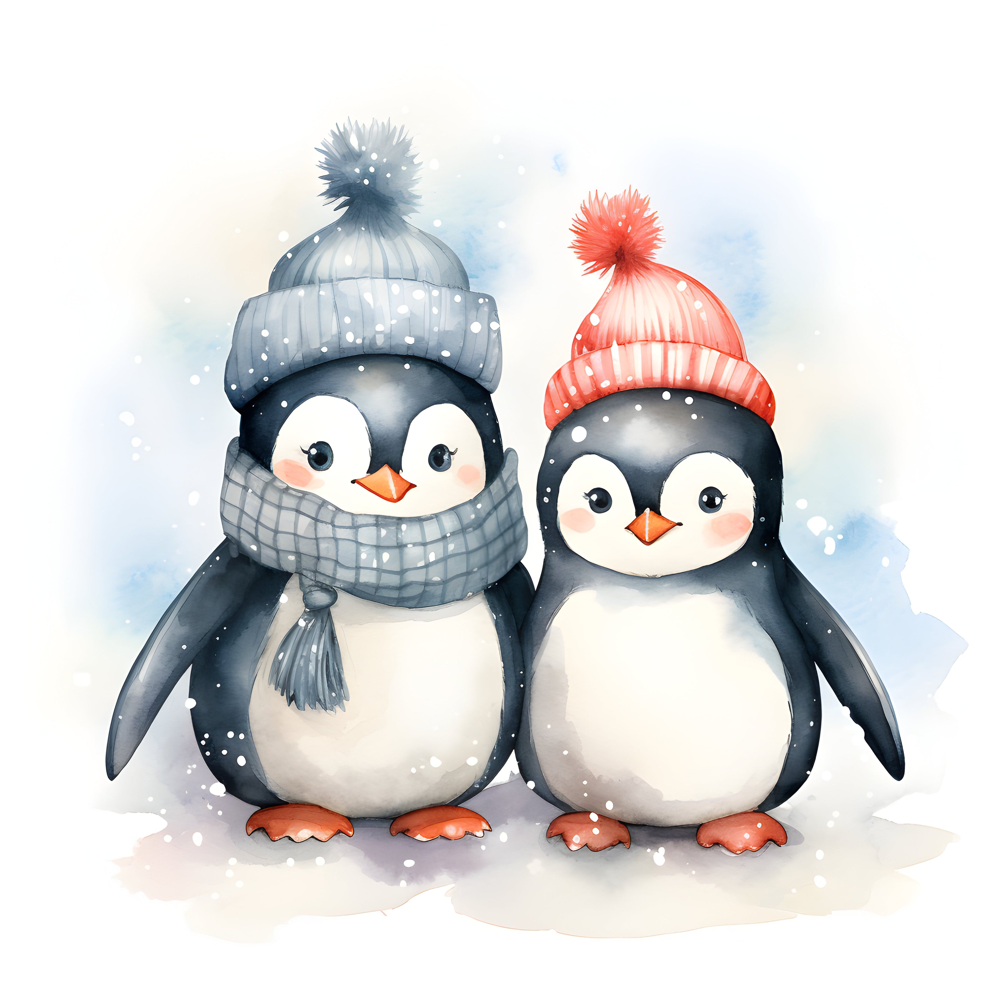 Print Casal de Pinguins em Aquarela, 20x20cm, sem moldura