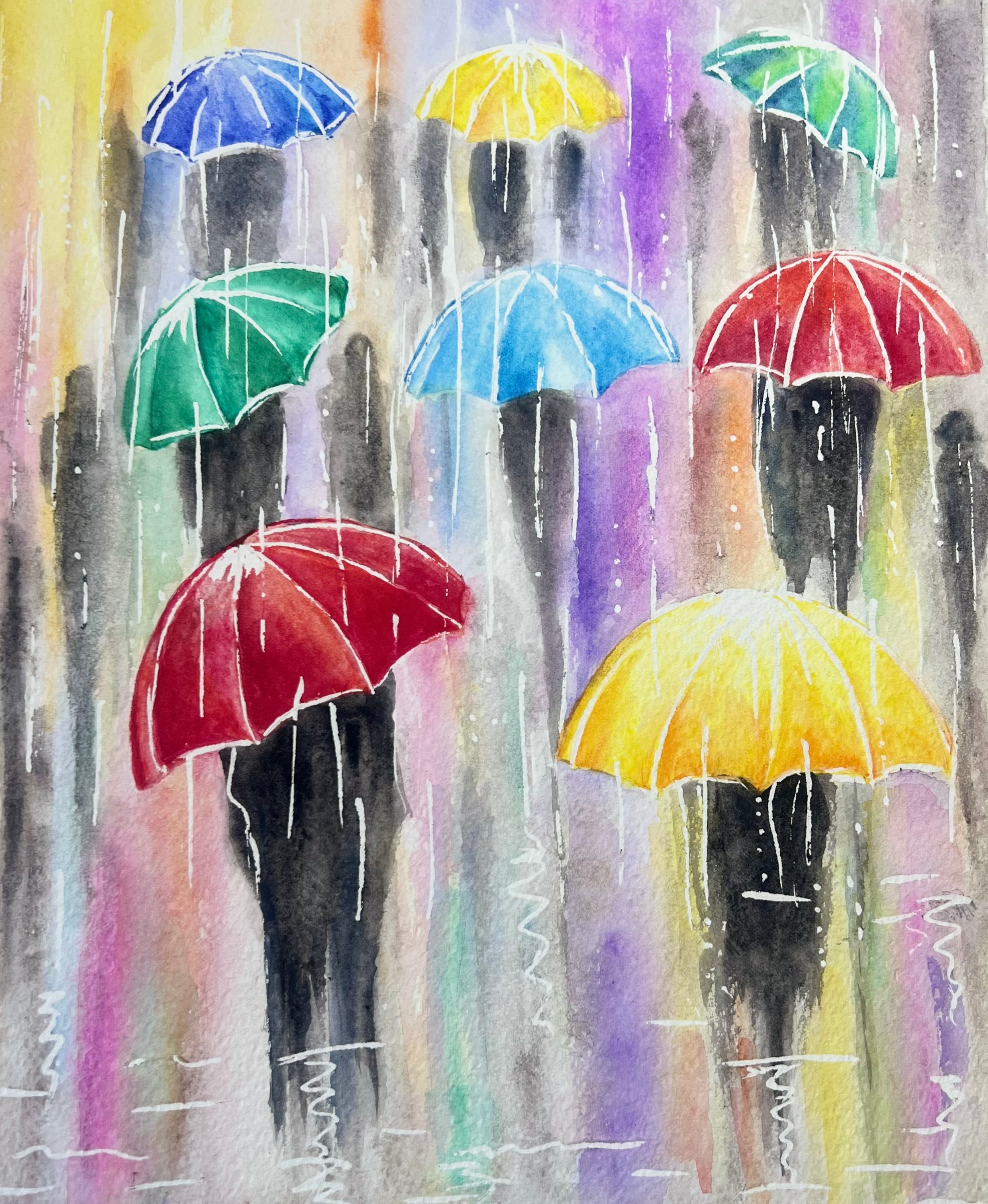 Umbrellas — Guarda-Chuvas Coloridos | Pintura Original Única em Aquarela sobre Papel 100% Algodão, 30x35cm, sem moldura