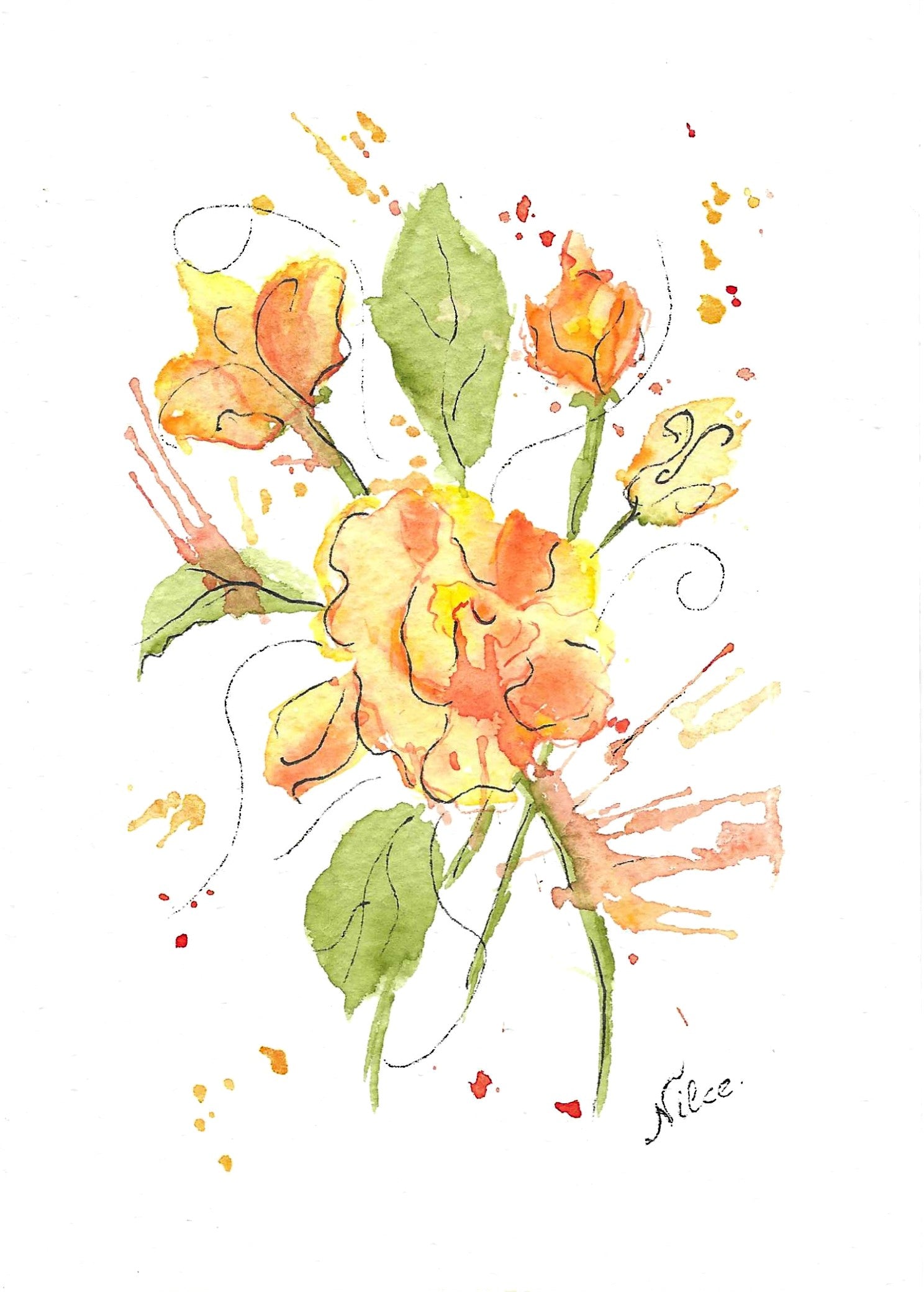 Yellow Flowers Mini Pintura em aquarela Original em Papel 100% algodão - 13x18cm - sem moldura