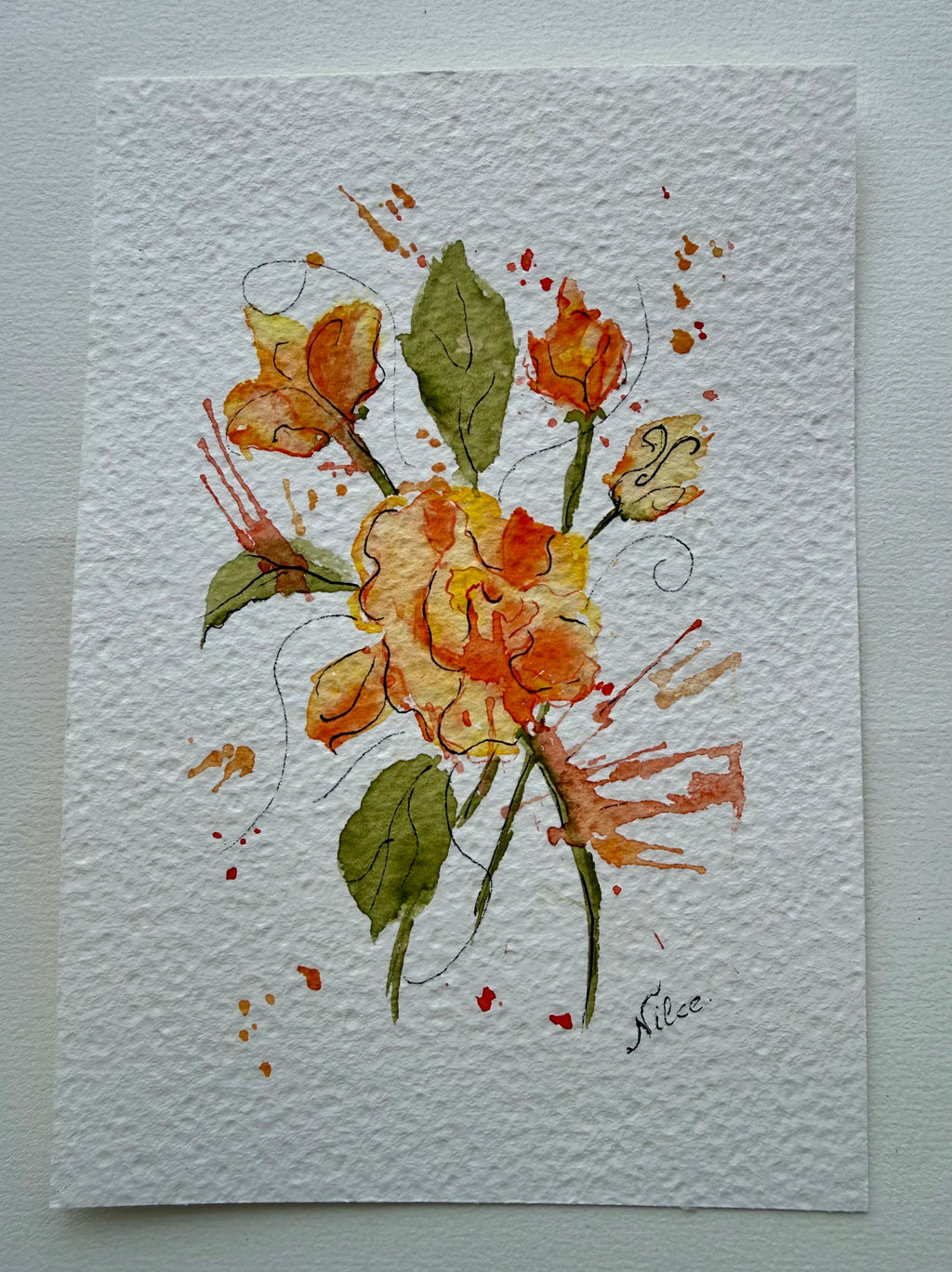 Yellow Flowers Mini Pintura em aquarela Original em Papel 100% algodão - 13x18cm - sem moldura