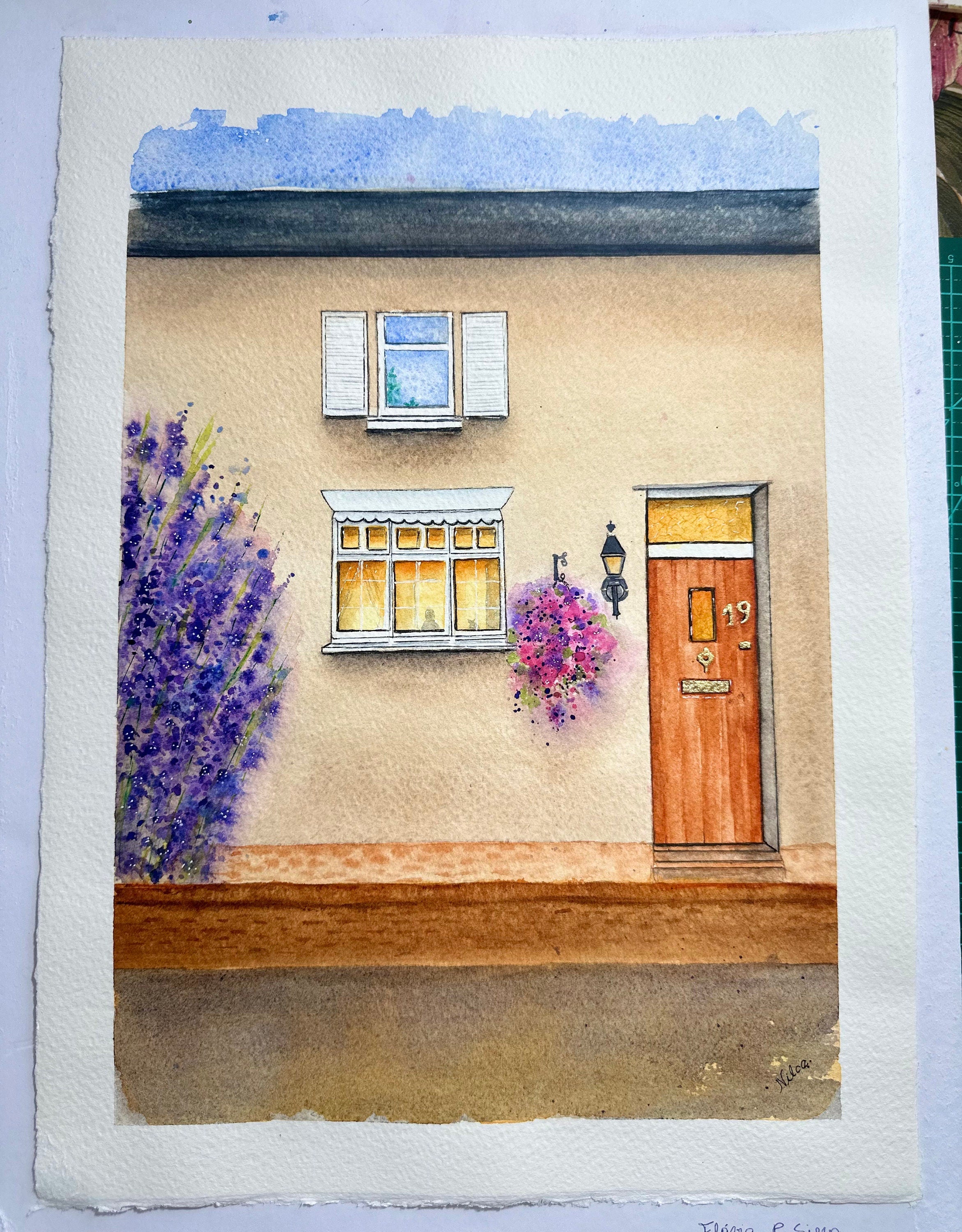 Pintura original em aquarela "Home Door", 28 x 38 cm, sem moldura.