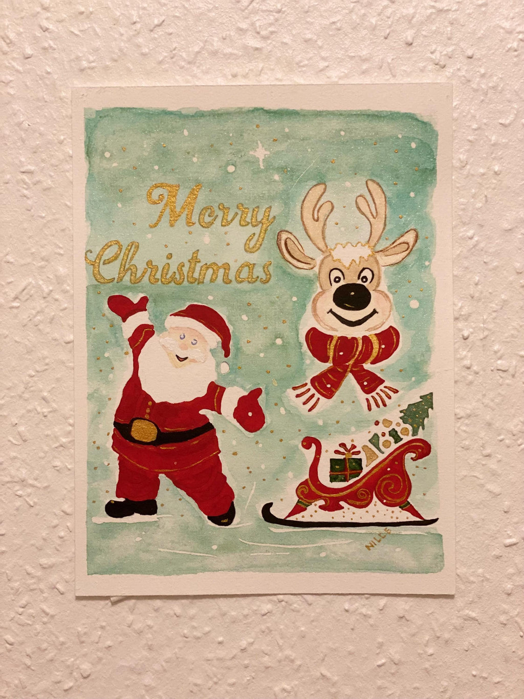 Cartão de Natal original em aquarela, Feliz Natal, cartão de arte, pintado à mão, 13 x 18 cm, com envelope.