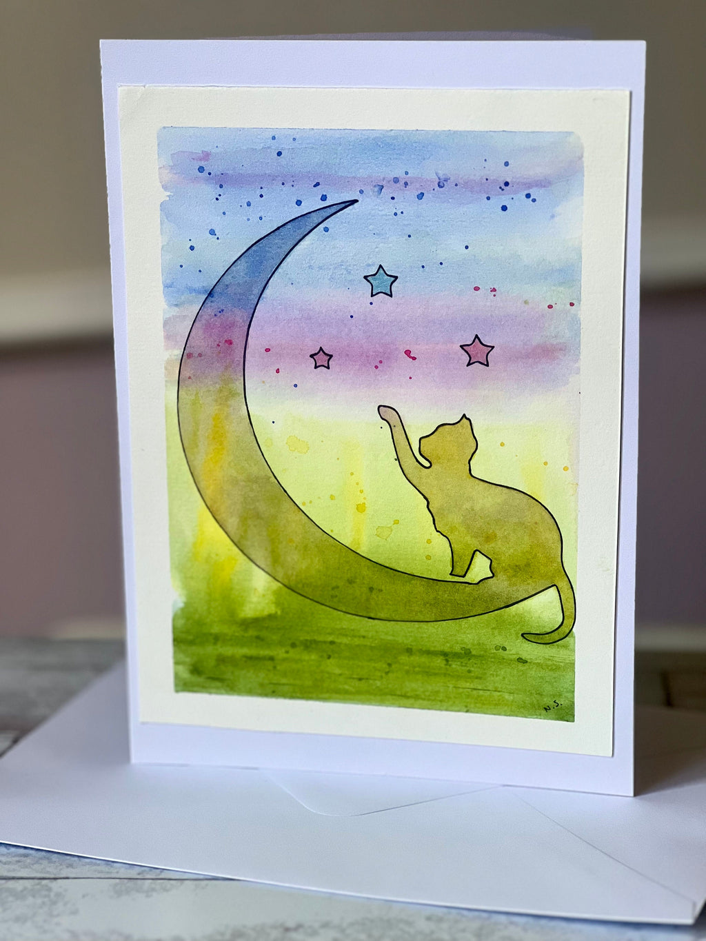 Cartões de felicitações originais em aquarela, o gato e a lua, cartão com gatos fofos, cartões especiais, 15 x 21 cm, com envelope.