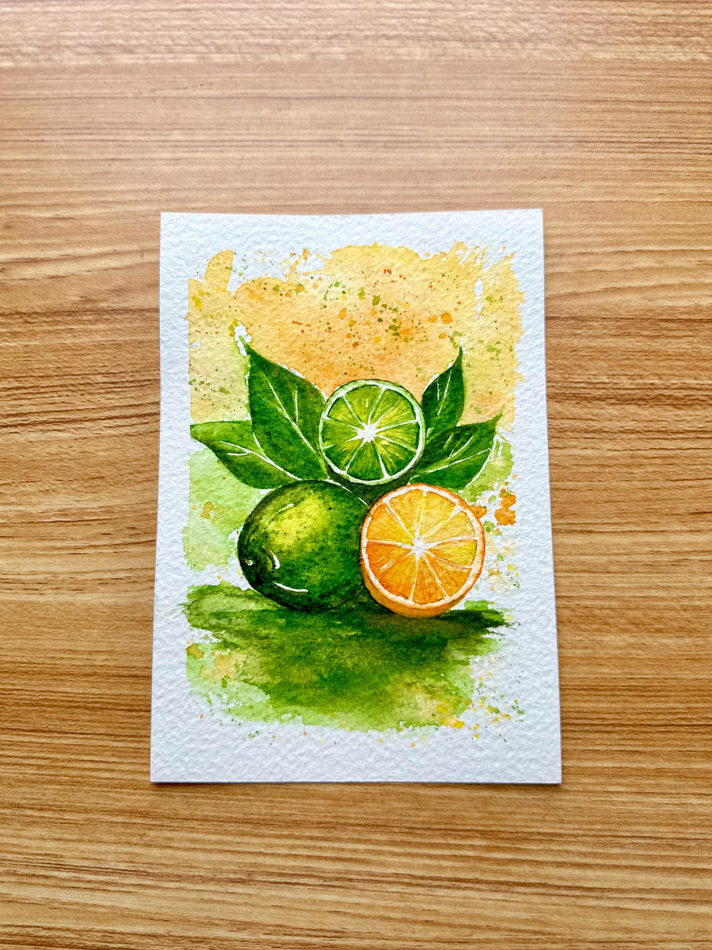 Limes and Orange — Pintura Original Única em Aquarela Profissional sobre Papel de Algodão, 13x18cm, sem moldura