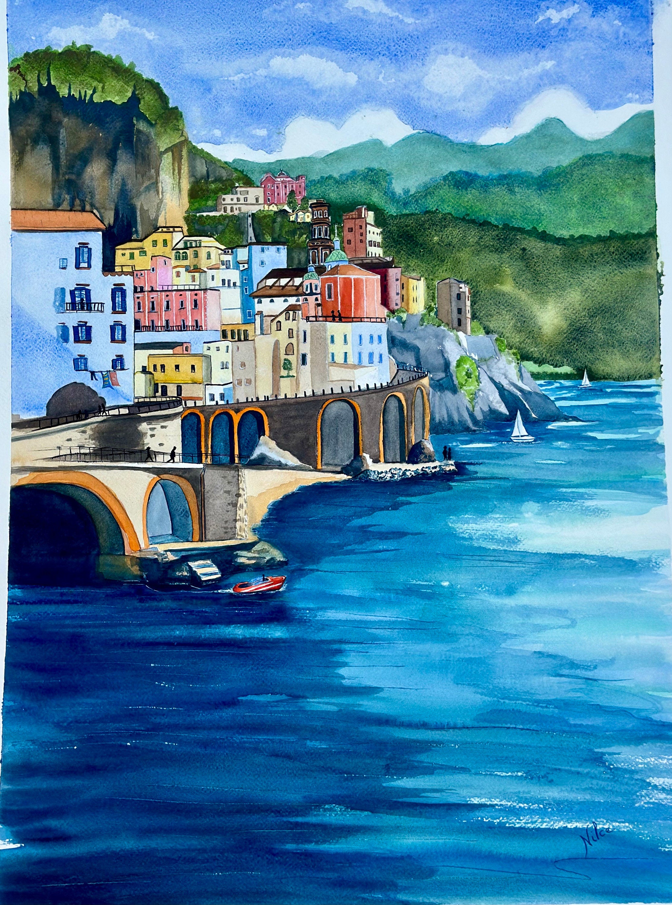 Pintura em aquarela original da Costa Amalfitana, 57 x 77 cm, sem moldura.