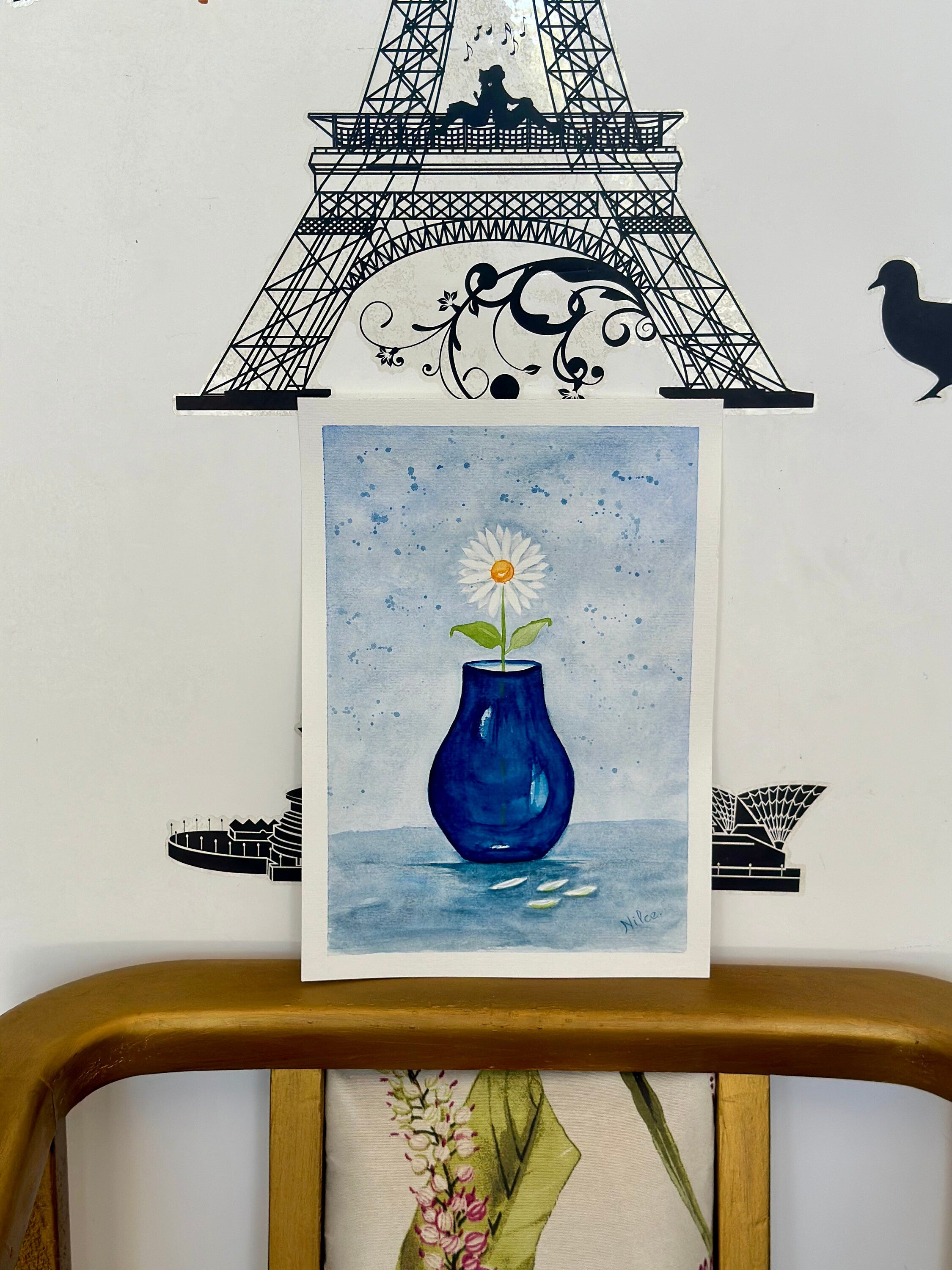 Margarida em um vaso, pintura original em aquarela, 21 x 30 cm, sem moldura.