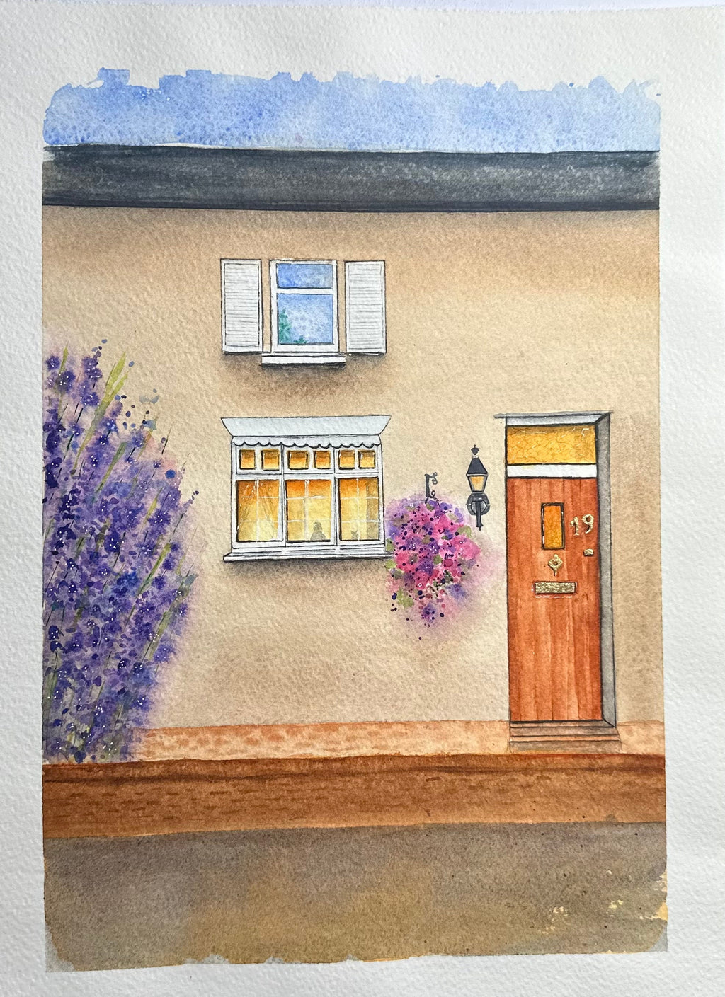 Pintura original em aquarela "Home Door", 28 x 38 cm, sem moldura.