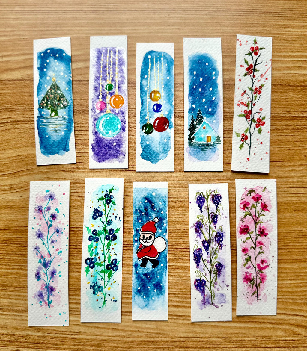 Marcadores de livros de Natal originais em aquarela, pintados à mão, para amantes de livros, conjunto com 10.