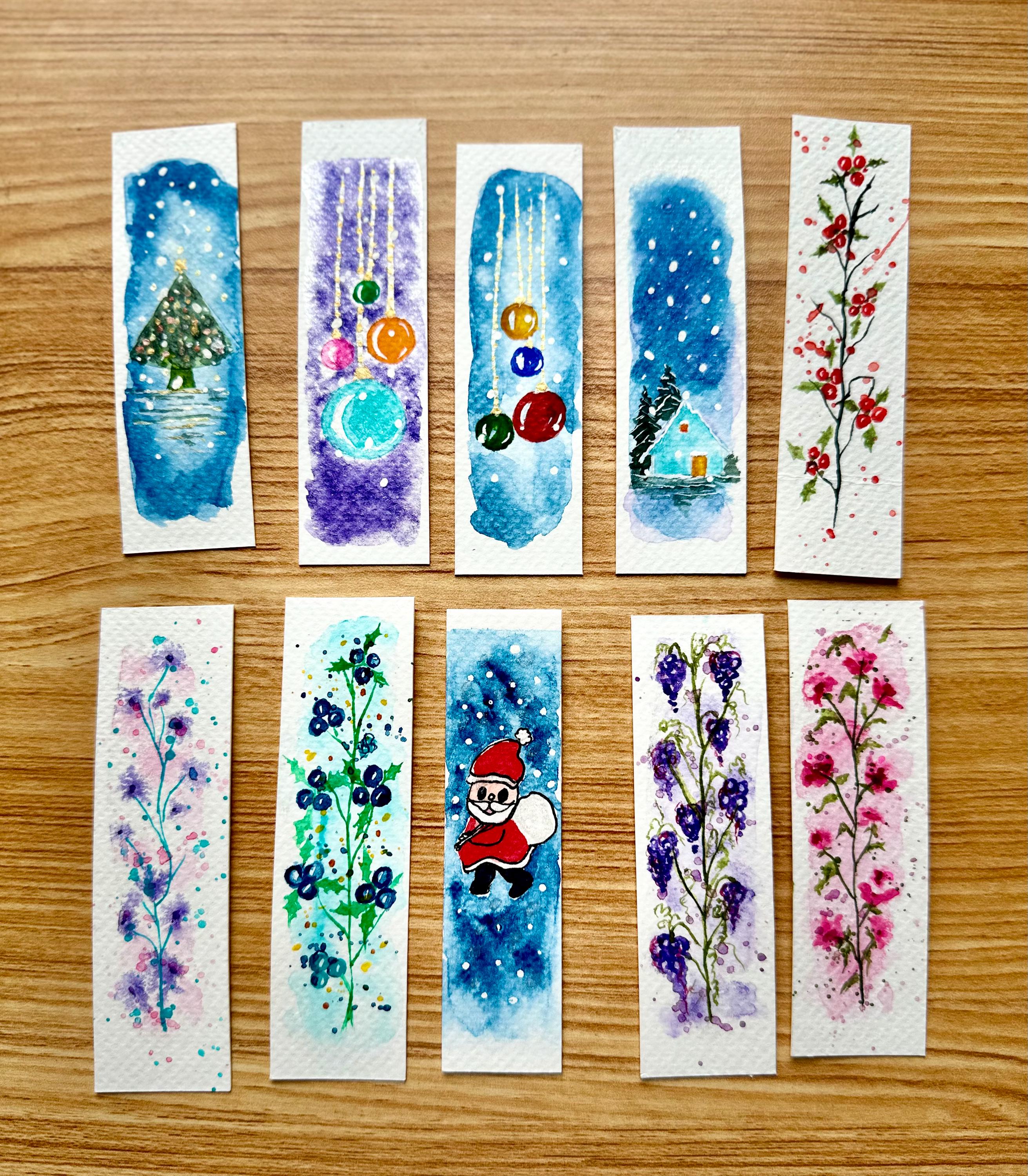 Marcadores de livros de Natal originais em aquarela, pintados à mão, para amantes de livros, conjunto com 10.