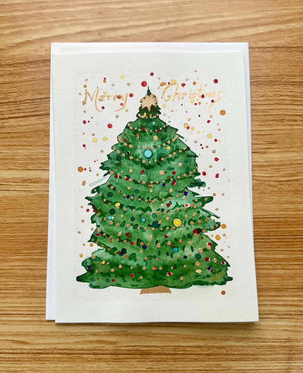 Cartão de Natal original em aquarela pintado à mão, 13 x 18 cm, com envelope, conjunto de 4