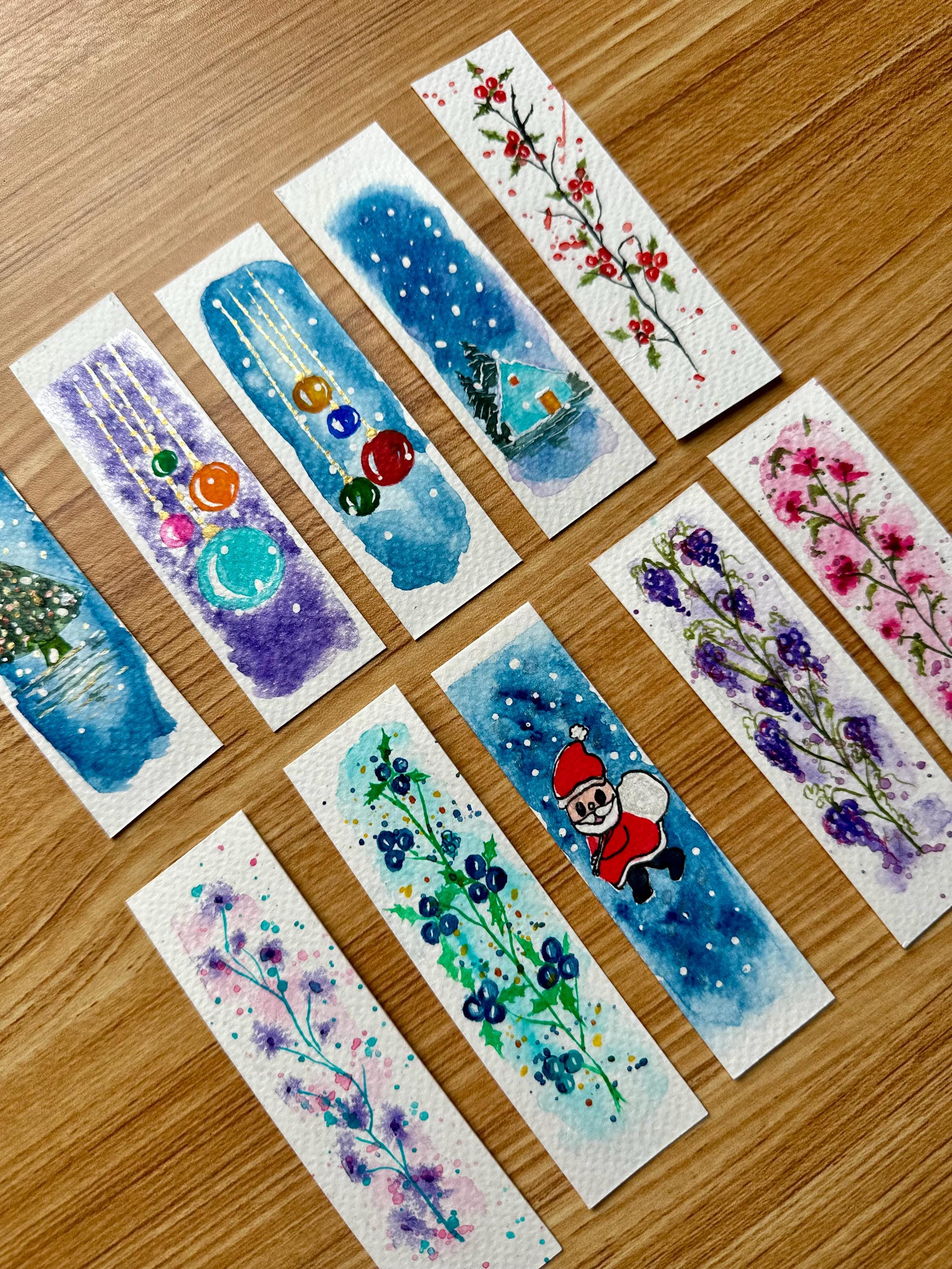 Marcadores de livros de Natal originais em aquarela, pintados à mão, para amantes de livros, conjunto com 10.