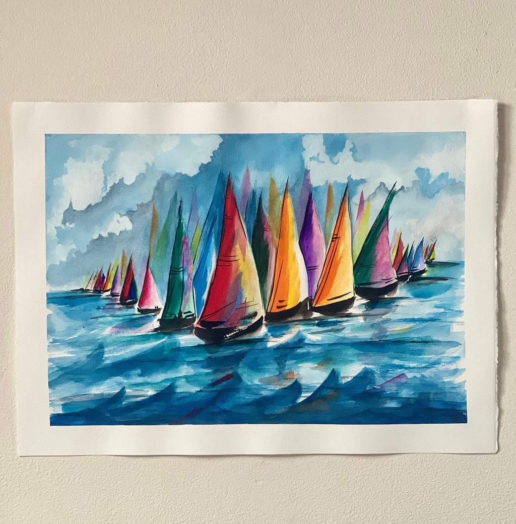 Pintura original em aquarela de veleiros