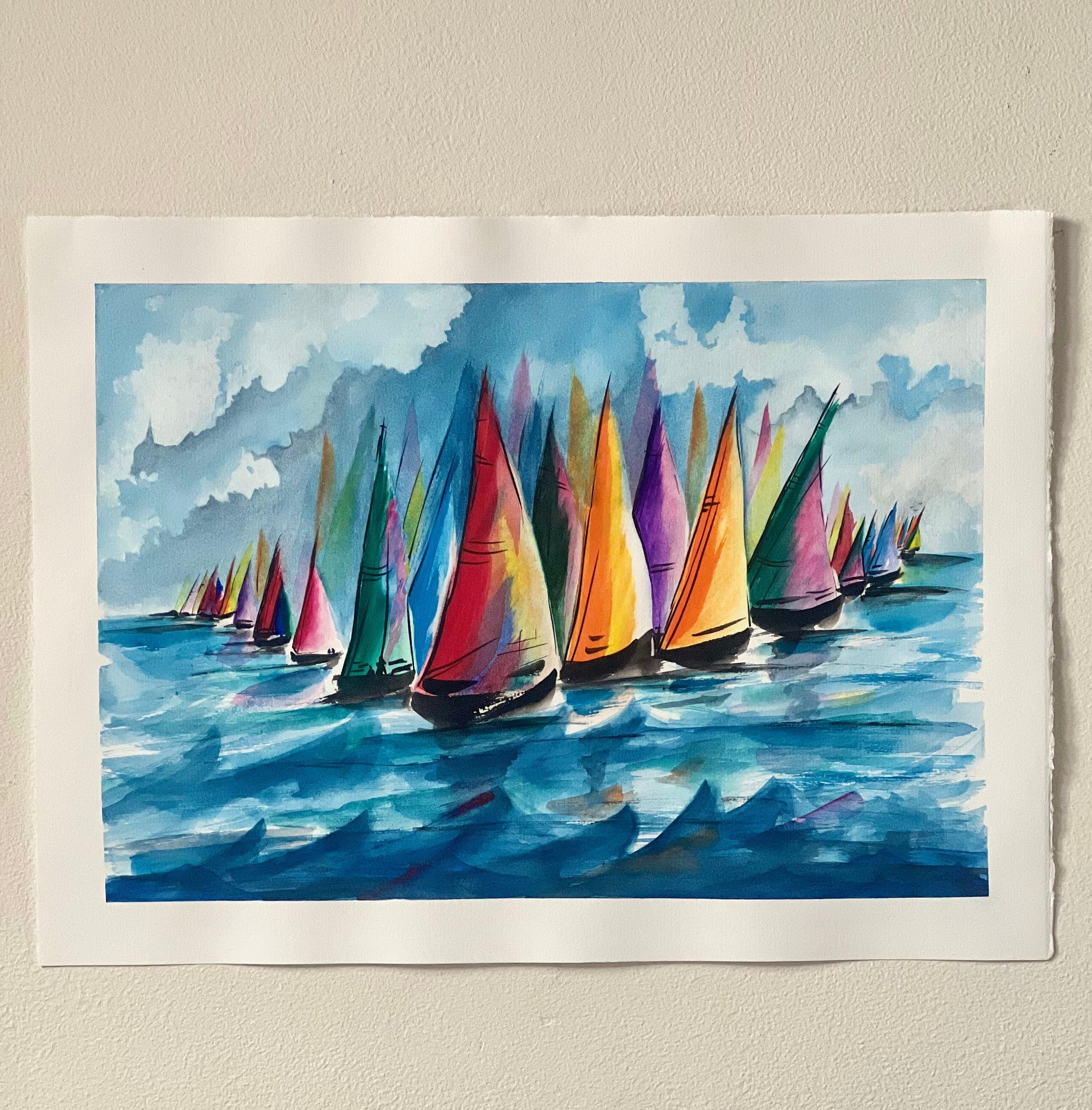Pintura original em aquarela de veleiros