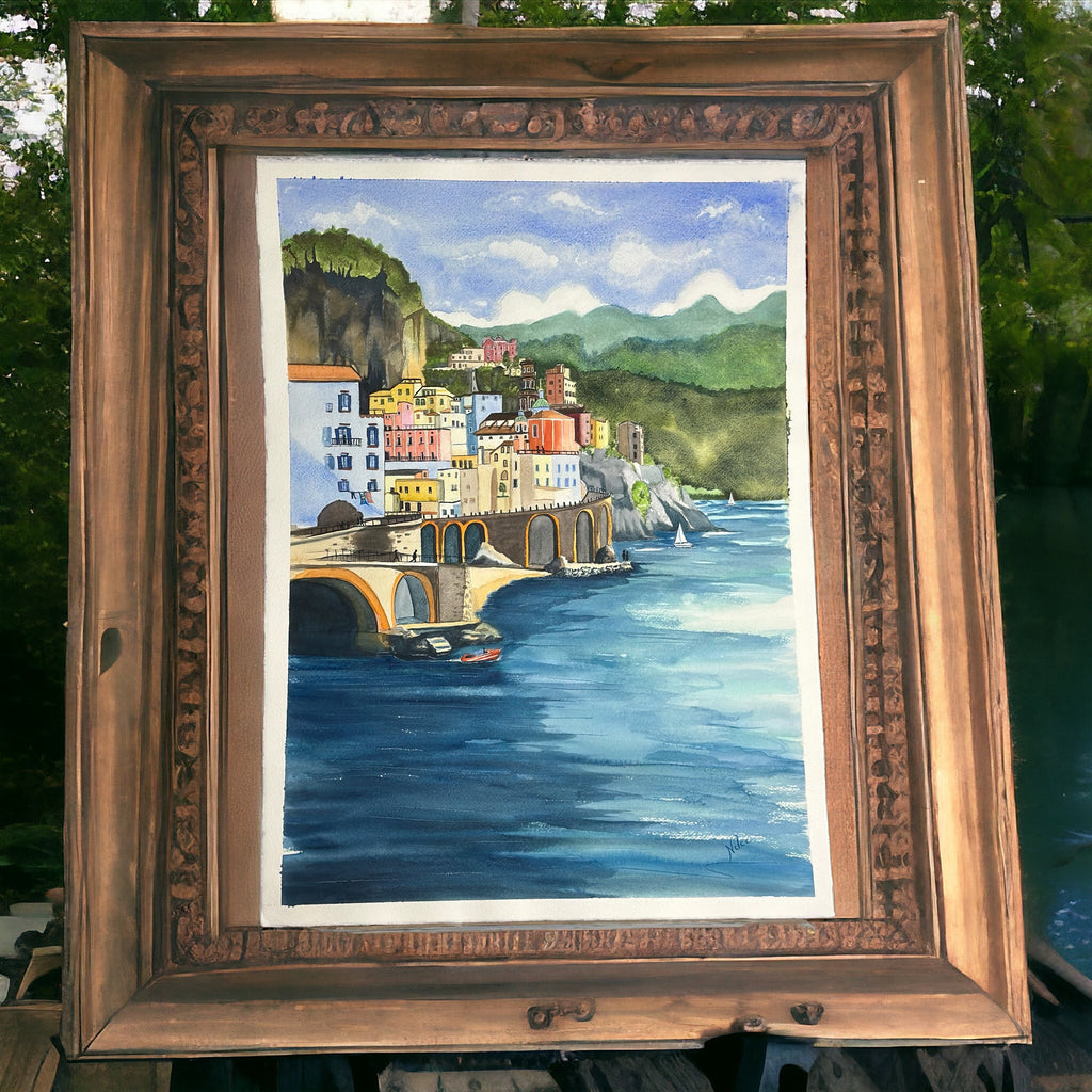 Pintura em aquarela original da Costa Amalfitana, 57 x 77 cm, sem moldura.