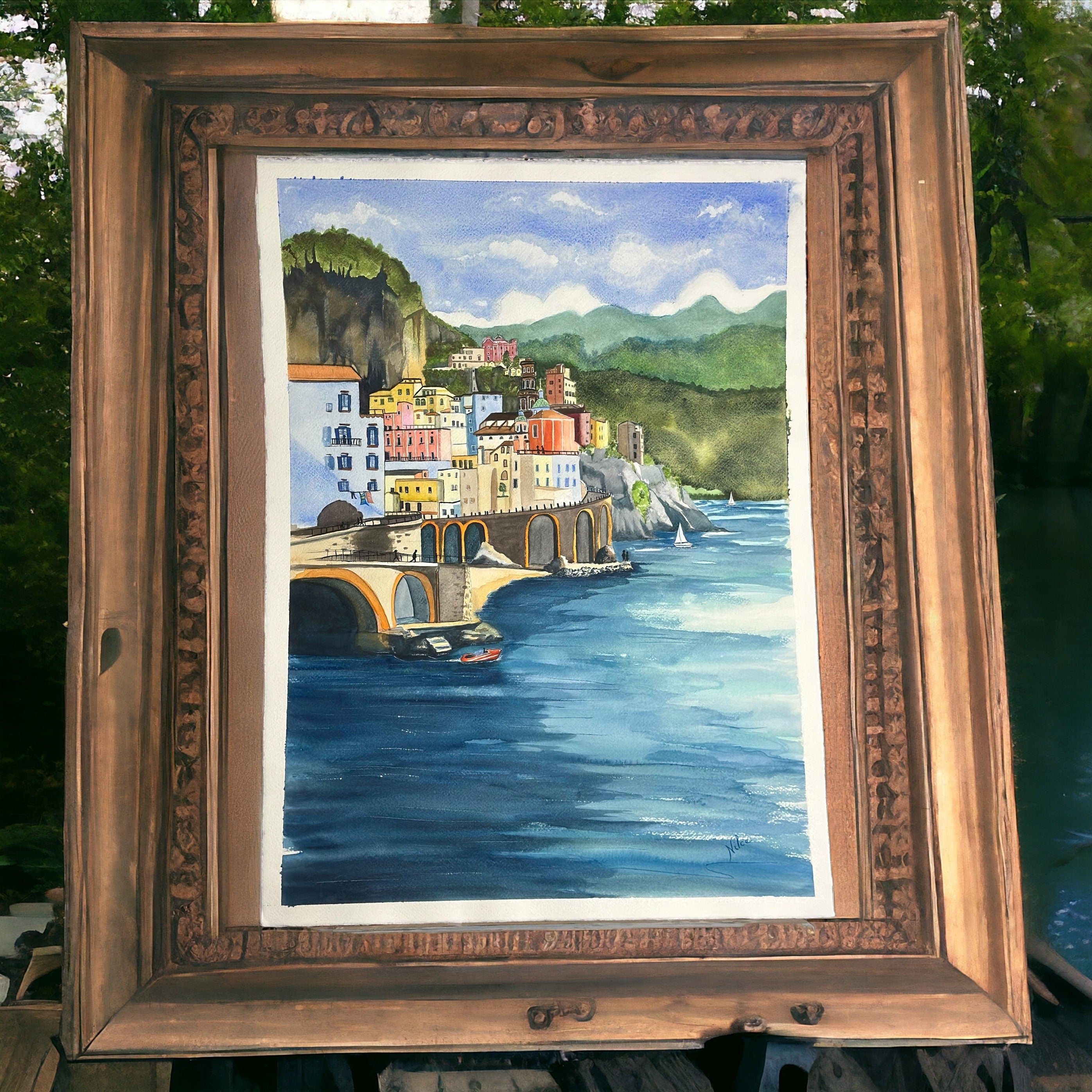 Pintura em aquarela original da Costa Amalfitana, 57 x 77 cm, sem moldura.