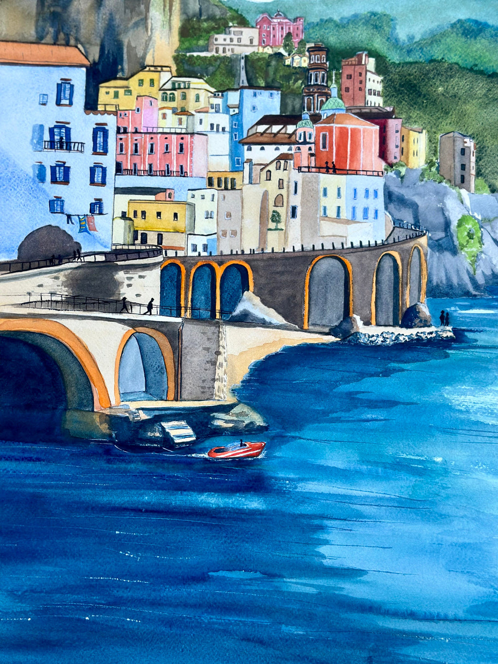Pintura em aquarela original da Costa Amalfitana, 57 x 77 cm, sem moldura.
