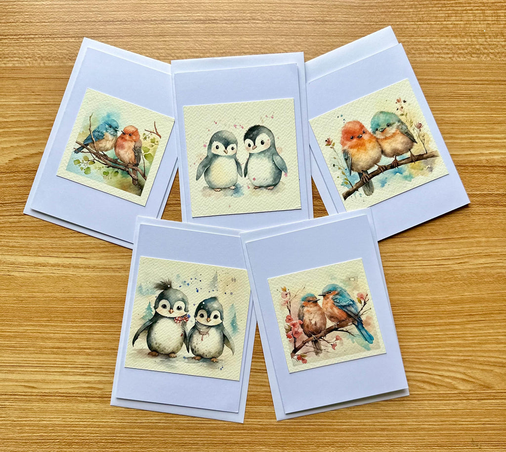 Conjunto de 5 cartões de Natal, pássaros fofos variados, 10 x 15 cm, com envelope.