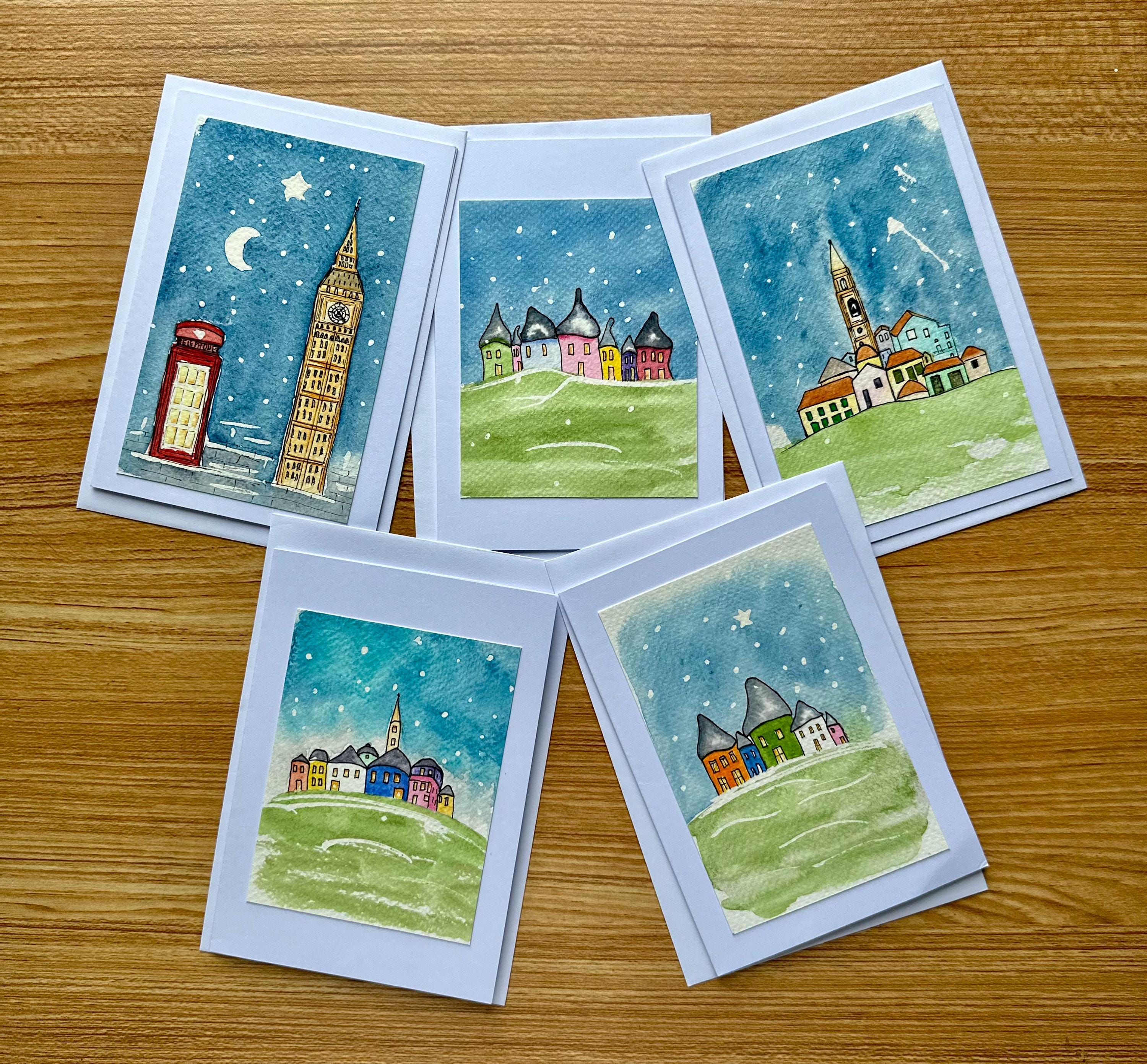 Conjunto de 5 cartões de Natal originais pintados à mão em aquarela, 10 x 15 cm, com envelope.