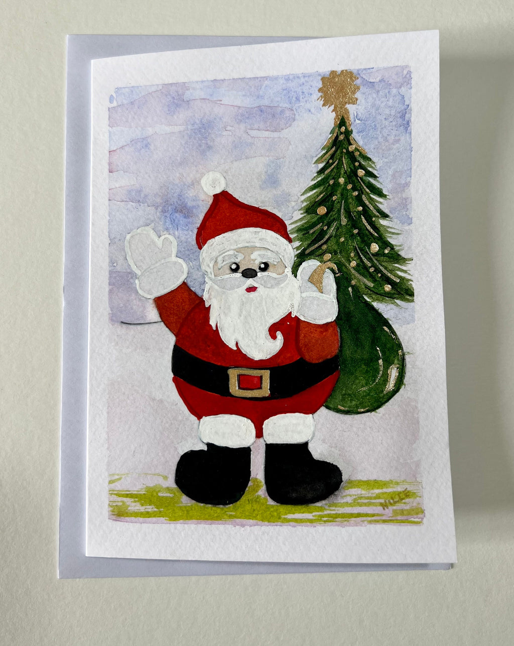 Cartão de Natal original em aquarela, pintado à mão, 13 x 18 cm, com envelope kit com 5.