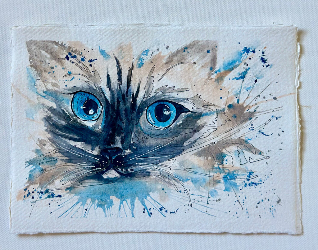 The Cat — Gato de Olhos Azuis | Pintura Original em Aquarela sobre Papel 100% Algodão, 15x21cm, sem moldura