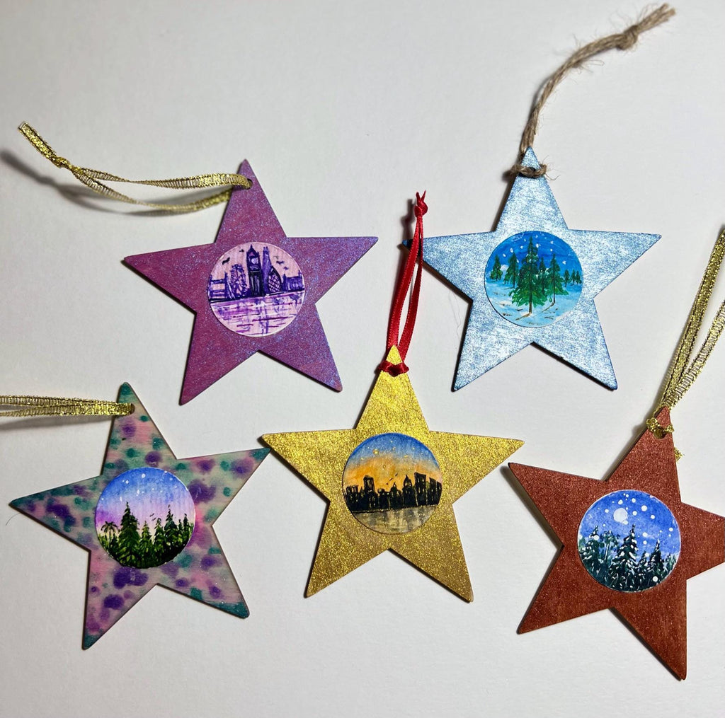 Enfeites de Natal Mini pintura original em aquarela sobre madeira, conjunto de 5.