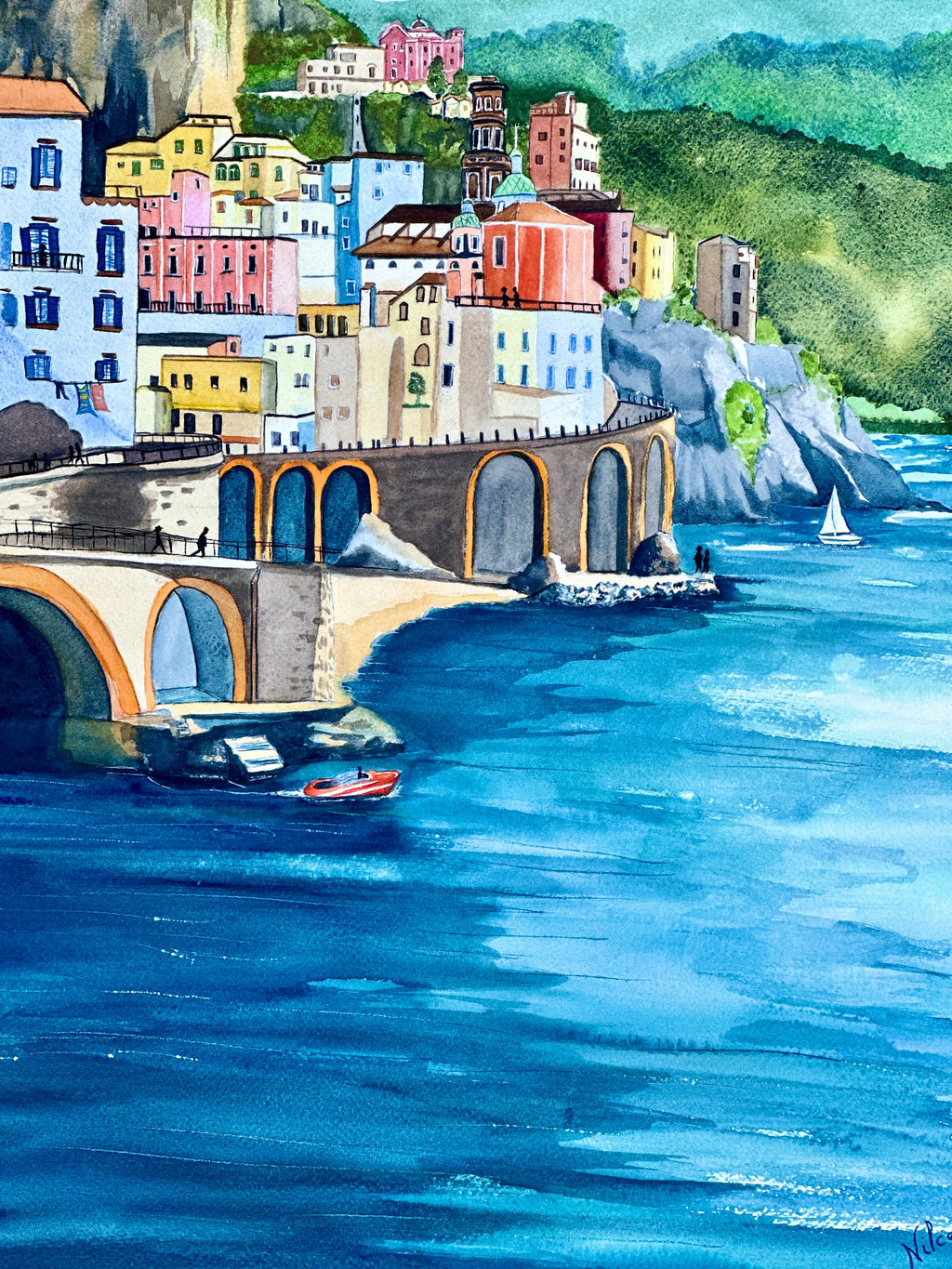 Pintura em aquarela original da Costa Amalfitana, 57 x 77 cm, sem moldura.