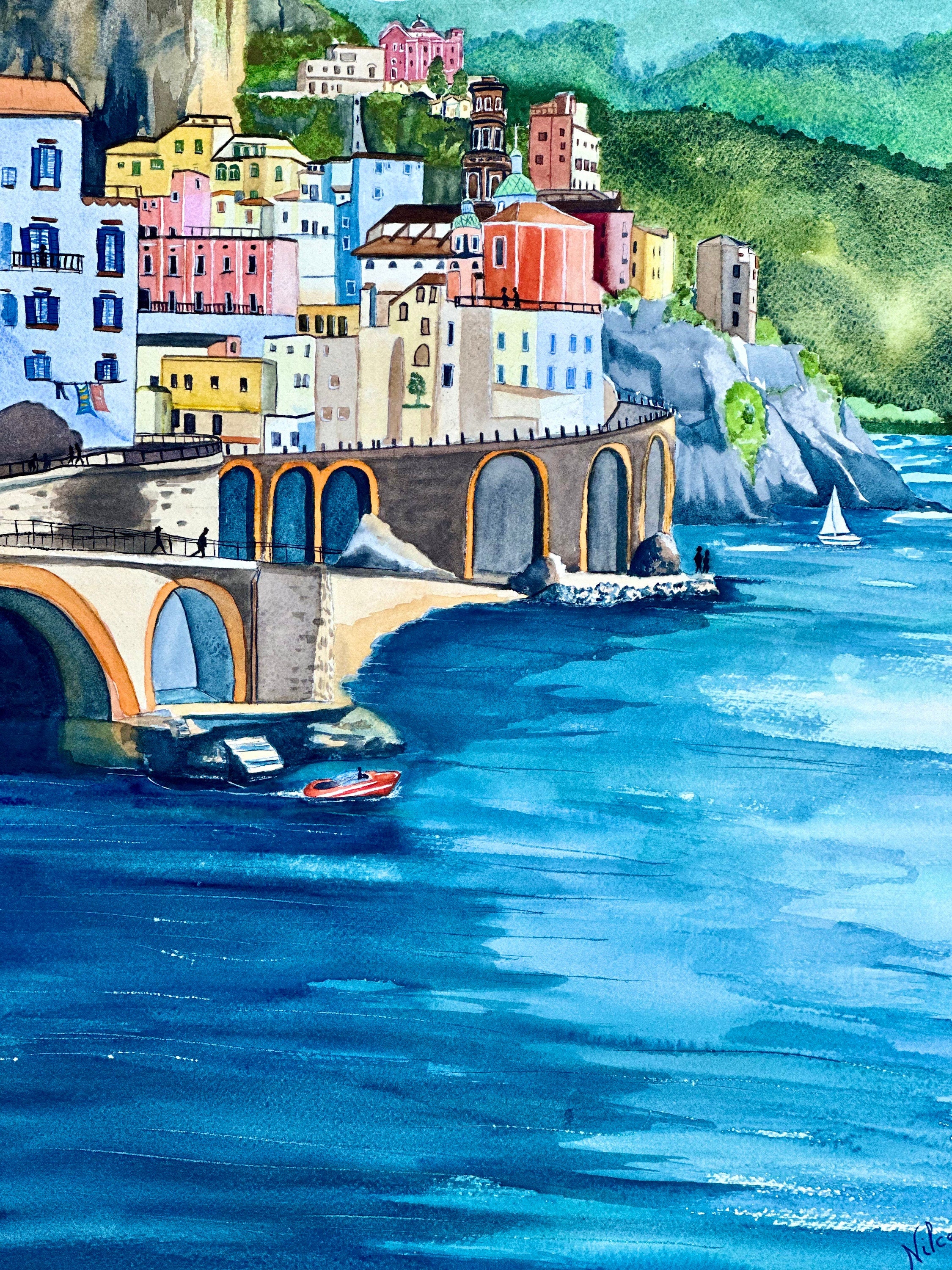 Pintura em aquarela original da Costa Amalfitana, 57 x 77 cm, sem moldura.