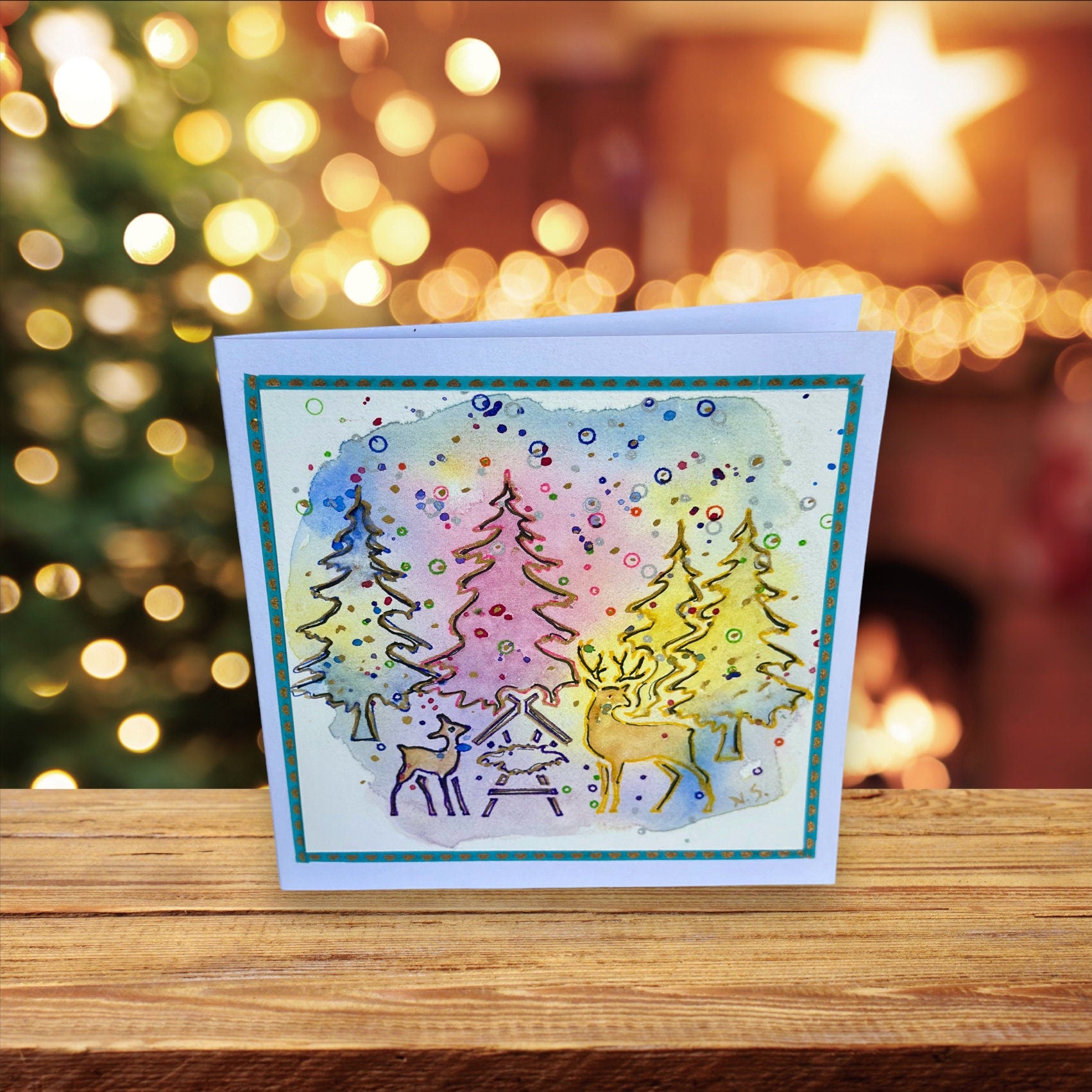Cartões de Natal originais em aquarela, pintados à mão, conjunto de 10, com envelope.
