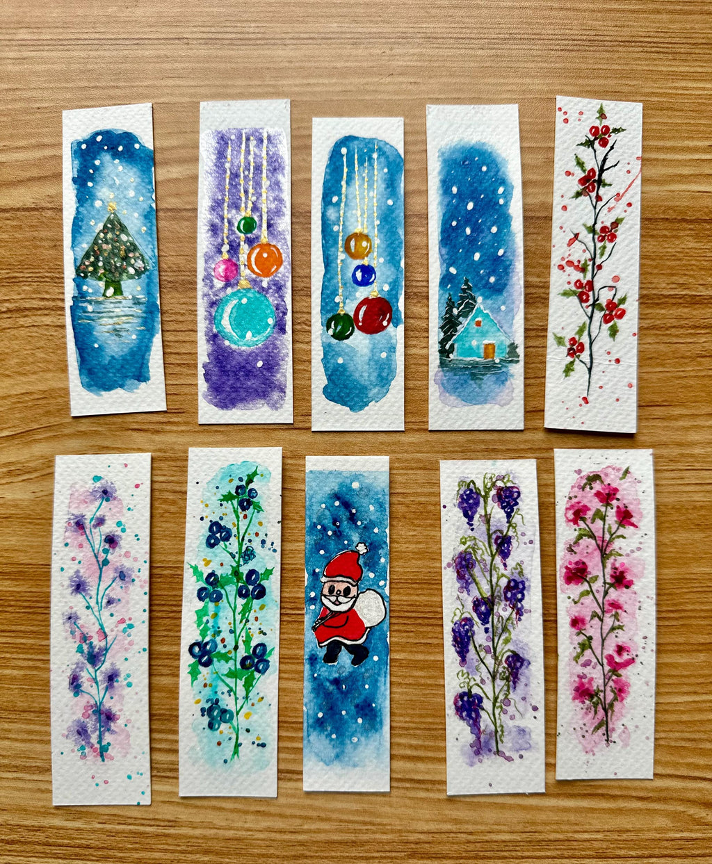 Marcadores de livros de Natal originais em aquarela, pintados à mão, para amantes de livros, conjunto com 10.